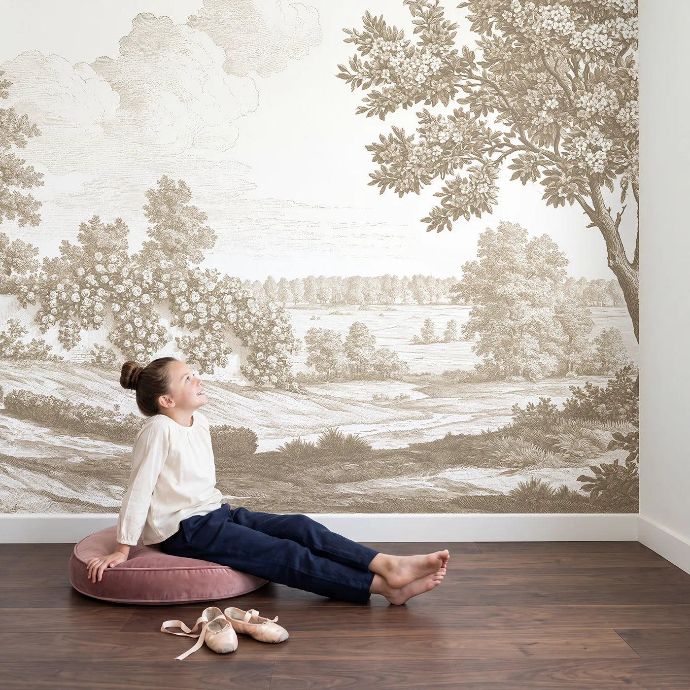 Child in nursery with Climbing Rose Wall Wallpaper Mural in Brown by Whimsy Tots