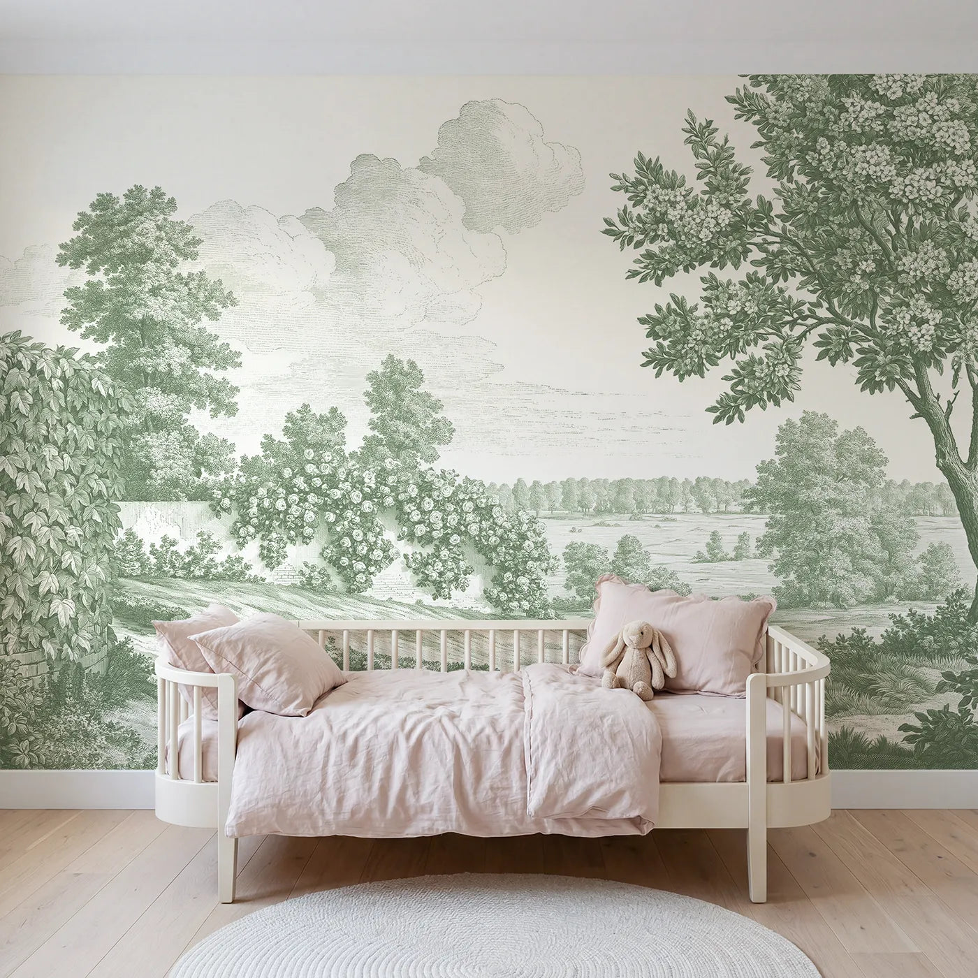 Toile wall mural of cascading climbing roses in green ink by Whimsy Tots