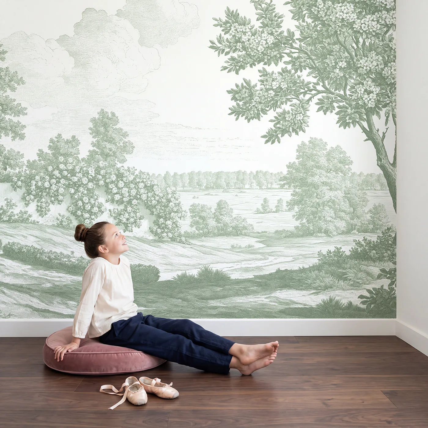 Child in nursery with Climbing Rose Wall Wallpaper Mural in Green by Whimsy Tots