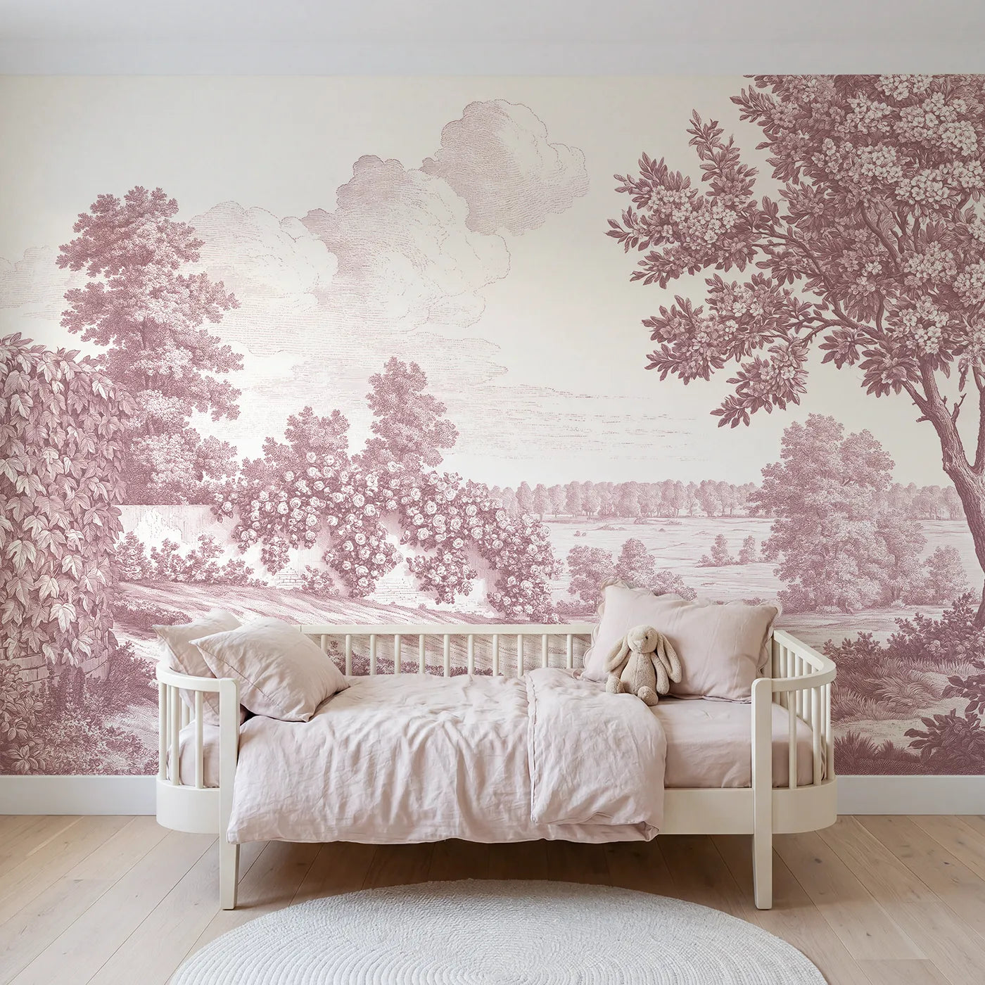 Toile wall mural of cascading climbing roses in pink ink by Whimsy Tots