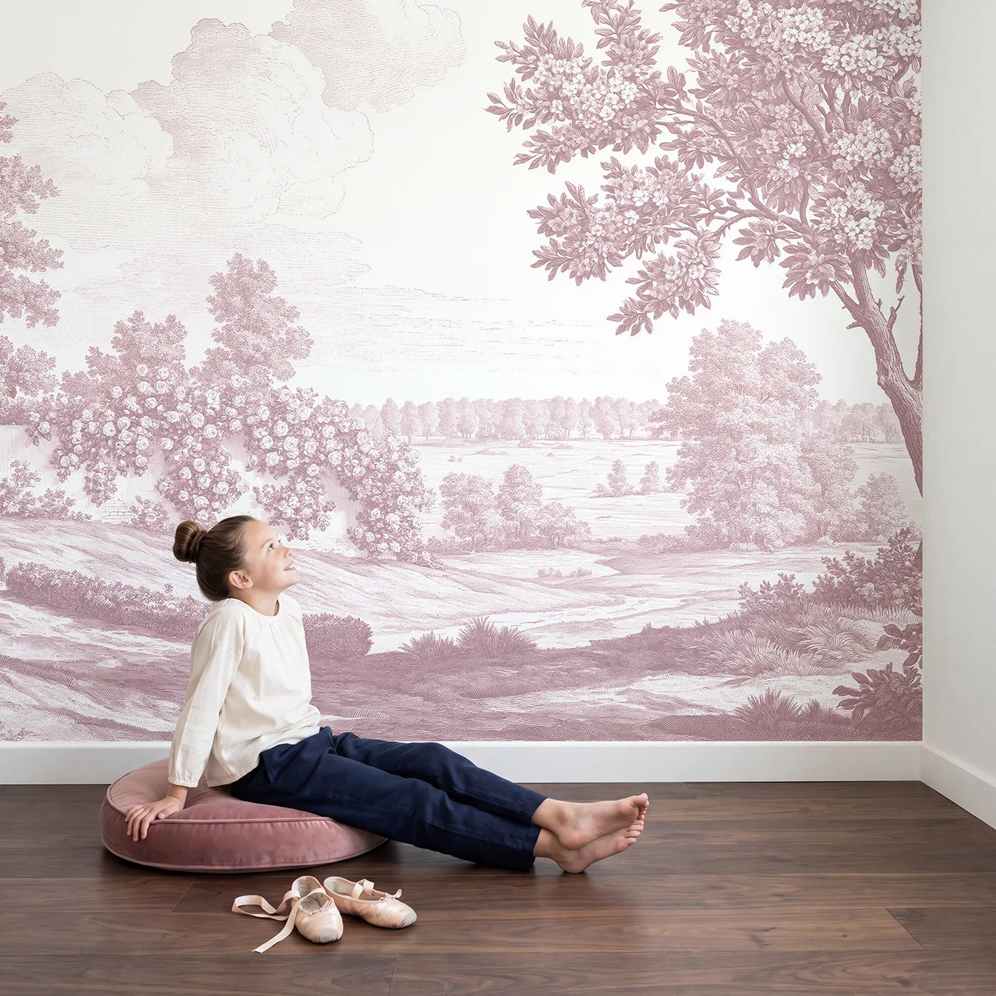 Child in nursery with Climbing Rose Wall Wallpaper Mural in Pink by Whimsy Tots