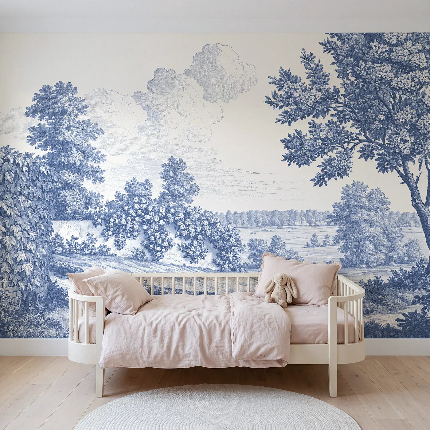Toile wall mural of cascading climbing roses in single ink by Whimsy Tots