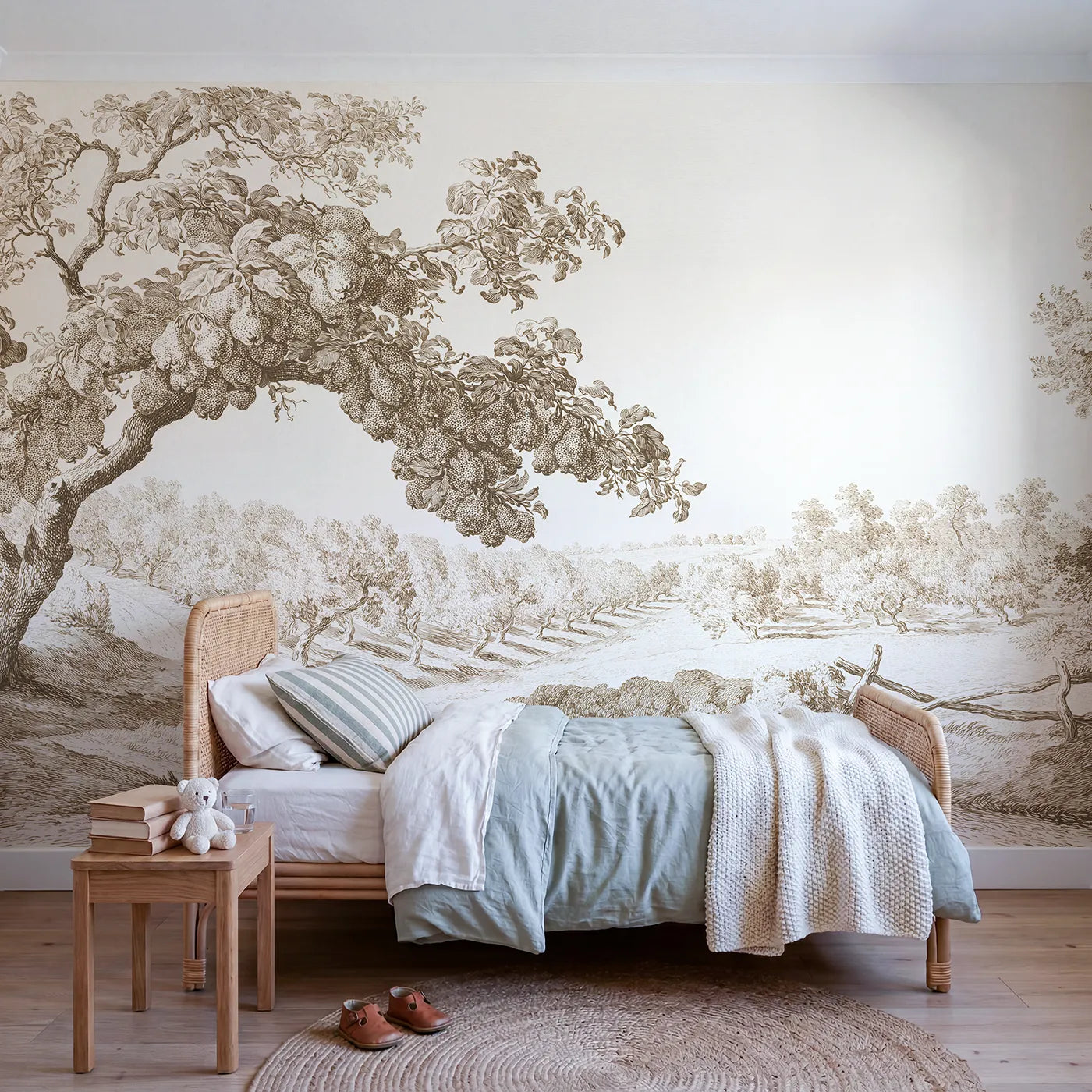 Toile wall mural of a laden pear bough in brown ink by Whimsy Tots