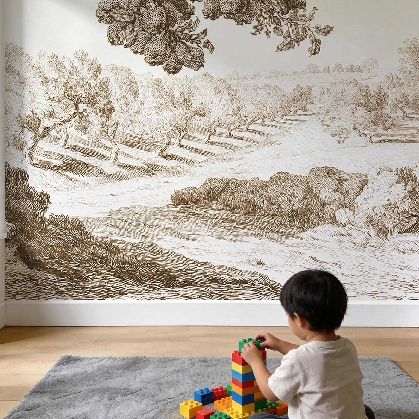 Child in nursery with Pear Tree Bough Wallpaper Mural in Brown by Whimsy Tots