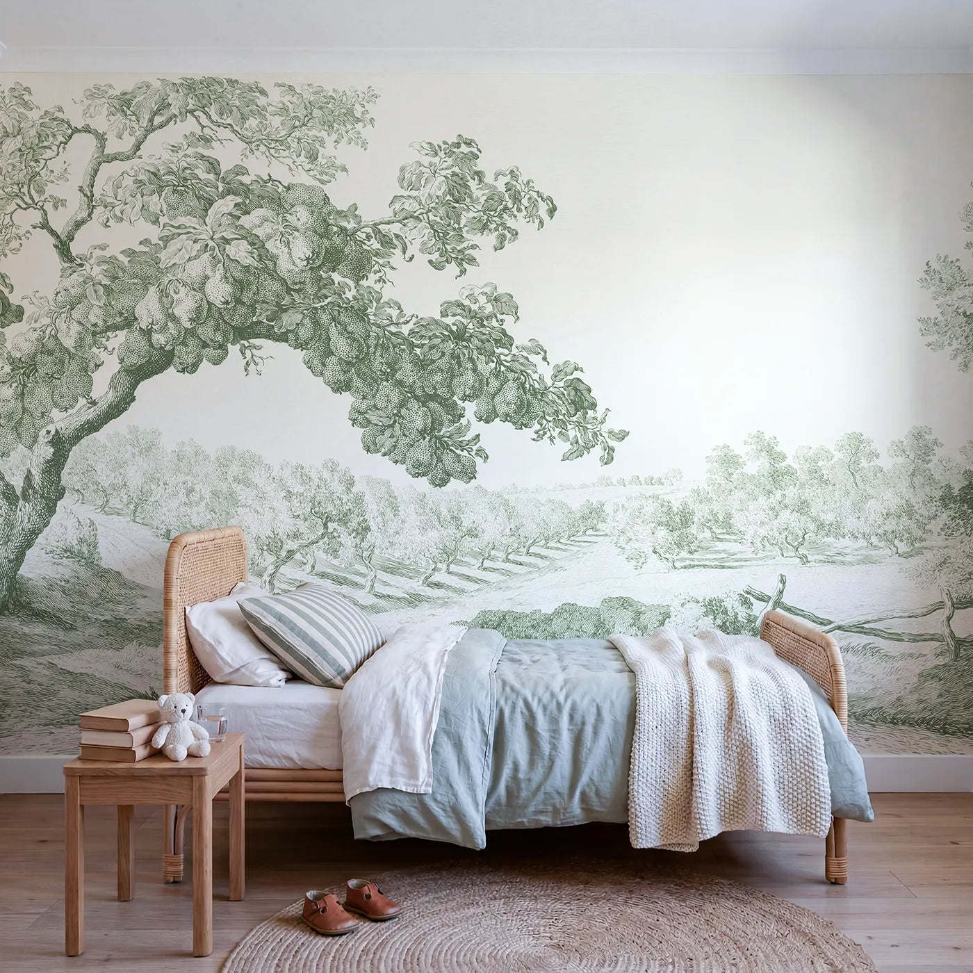 Toile wall mural of a laden pear bough in green ink by Whimsy Tots