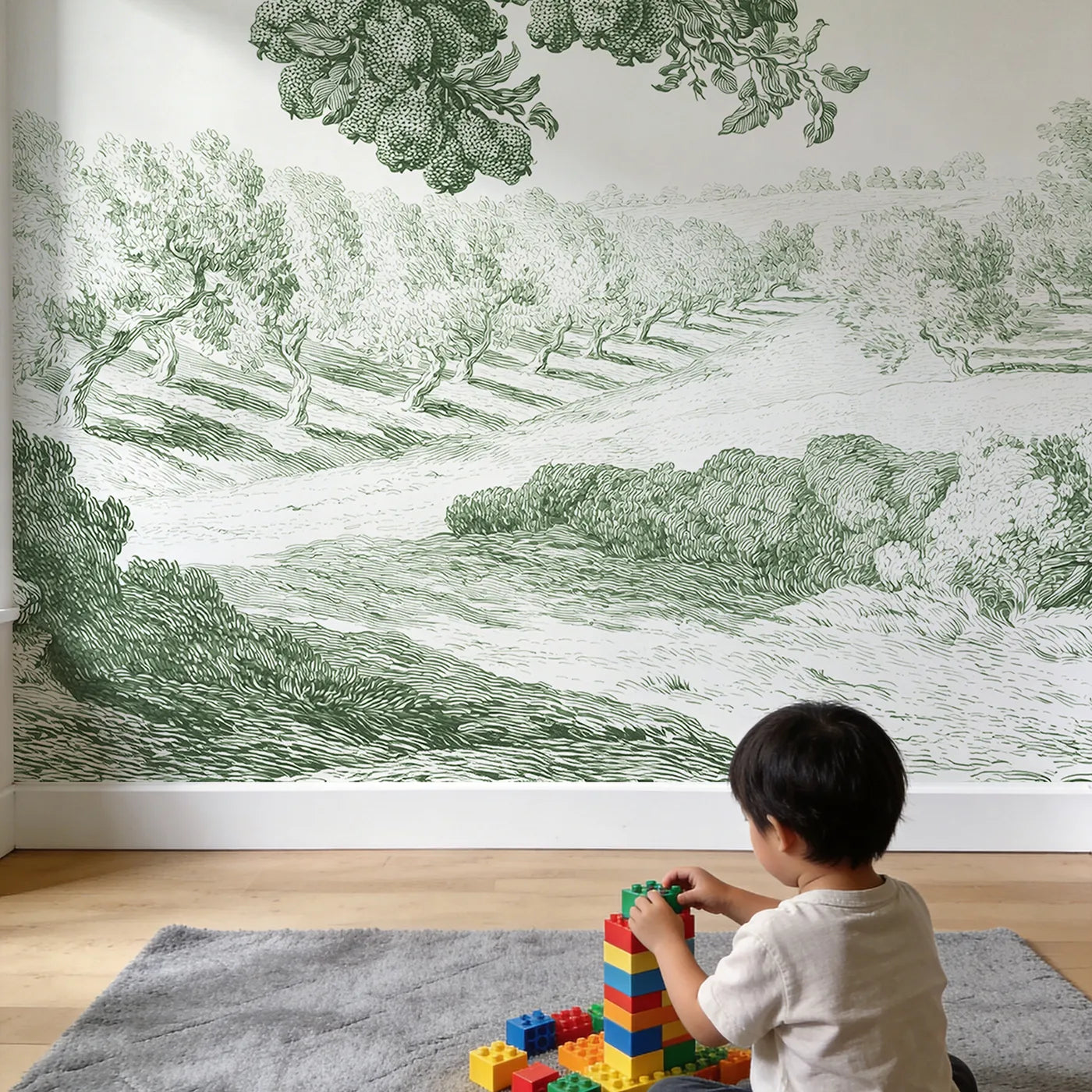 Child in nursery with Pear Tree Bough Wallpaper Mural in Green by Whimsy Tots