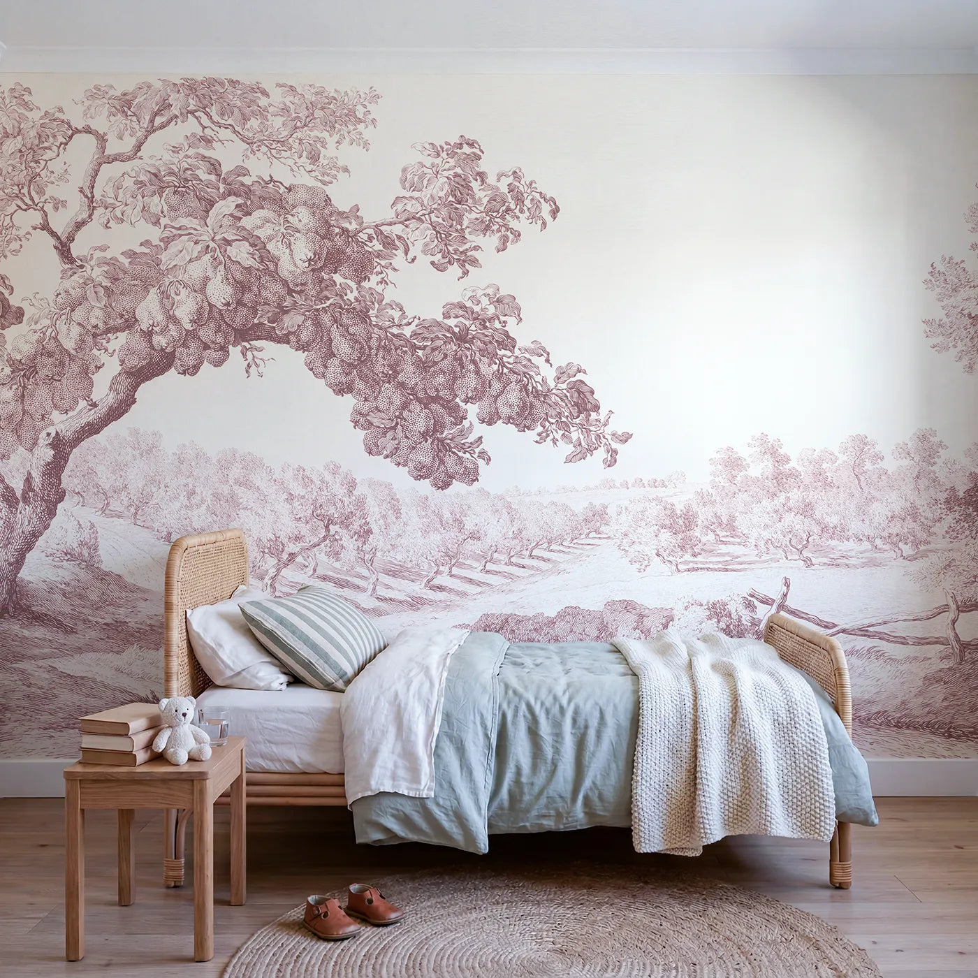 Toile wall mural of a laden pear bough in pink ink by Whimsy Tots