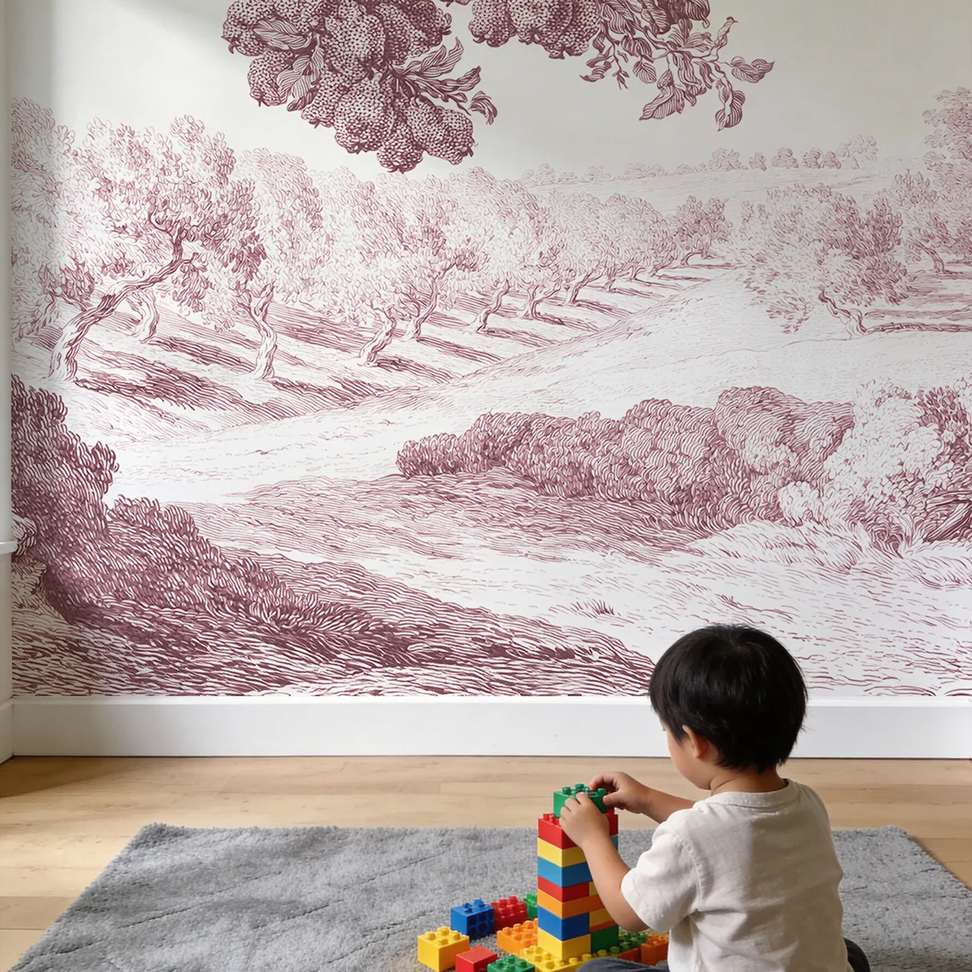 Child in nursery with Pear Tree Bough Wallpaper Mural in Pink by Whimsy Tots