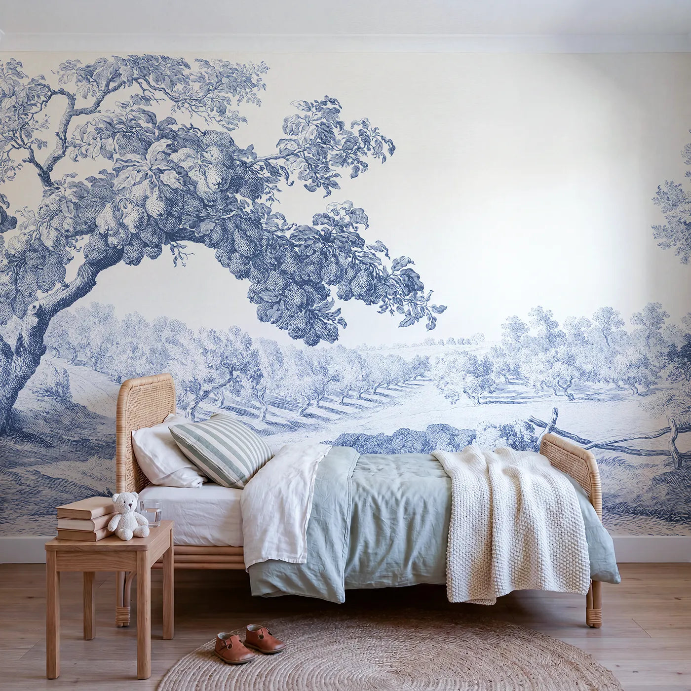 Toile wall mural of a laden pear bough in single ink by Whimsy Tots