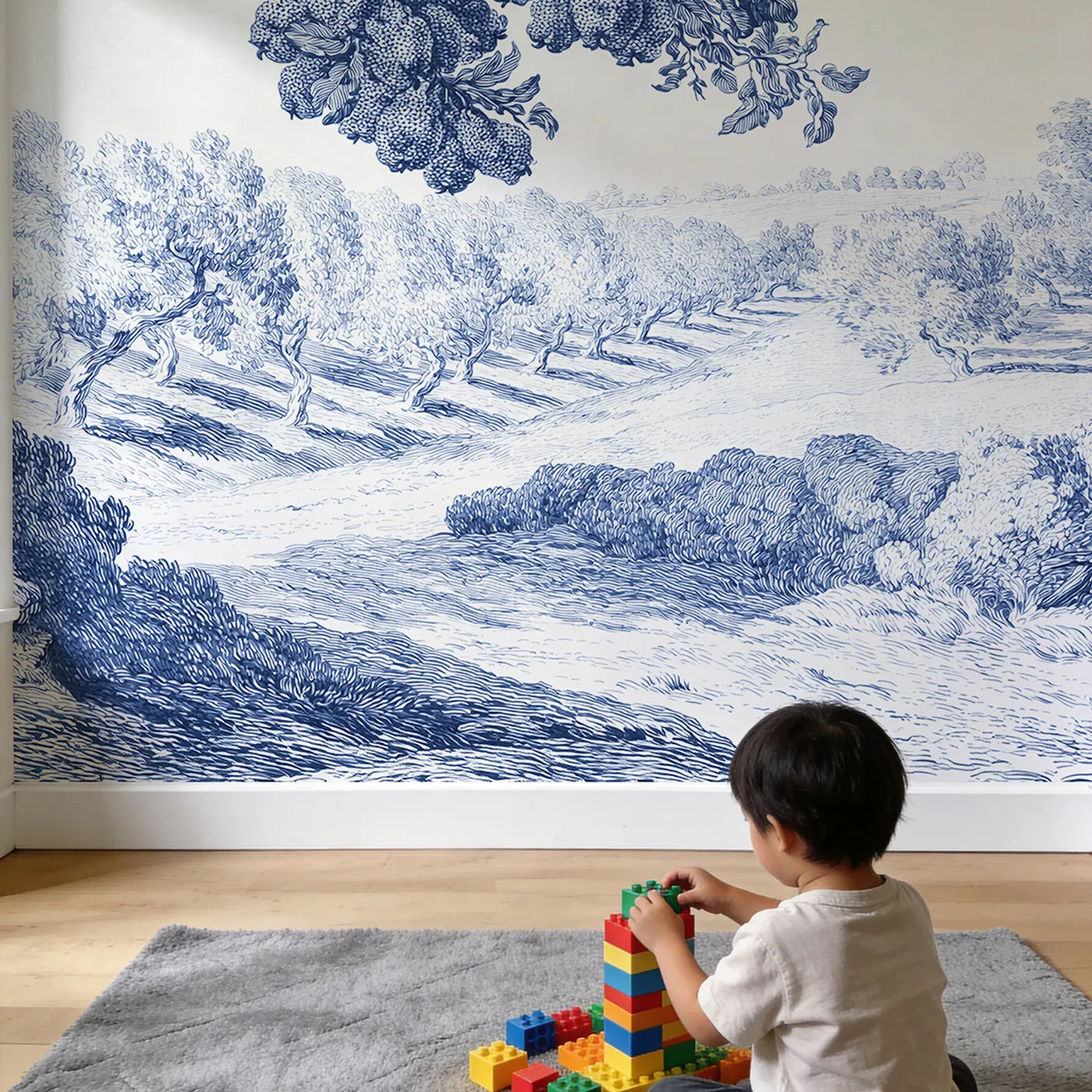 Child in nursery with Pear Tree Bough Wallpaper Mural by Whimsy Tots