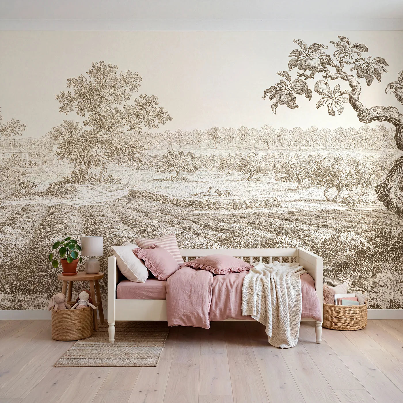Toile wall mural of lavender field rows in brown ink by Whimsy Tots