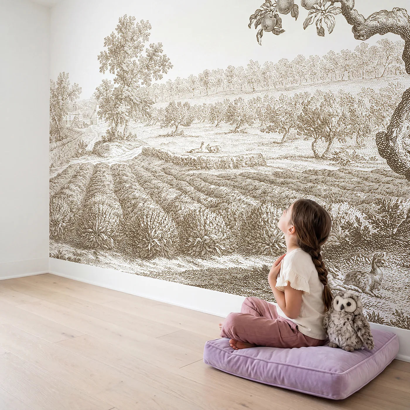 Child in nursery with Lavender Row Field Wallpaper Mural in Brown by Whimsy Tots