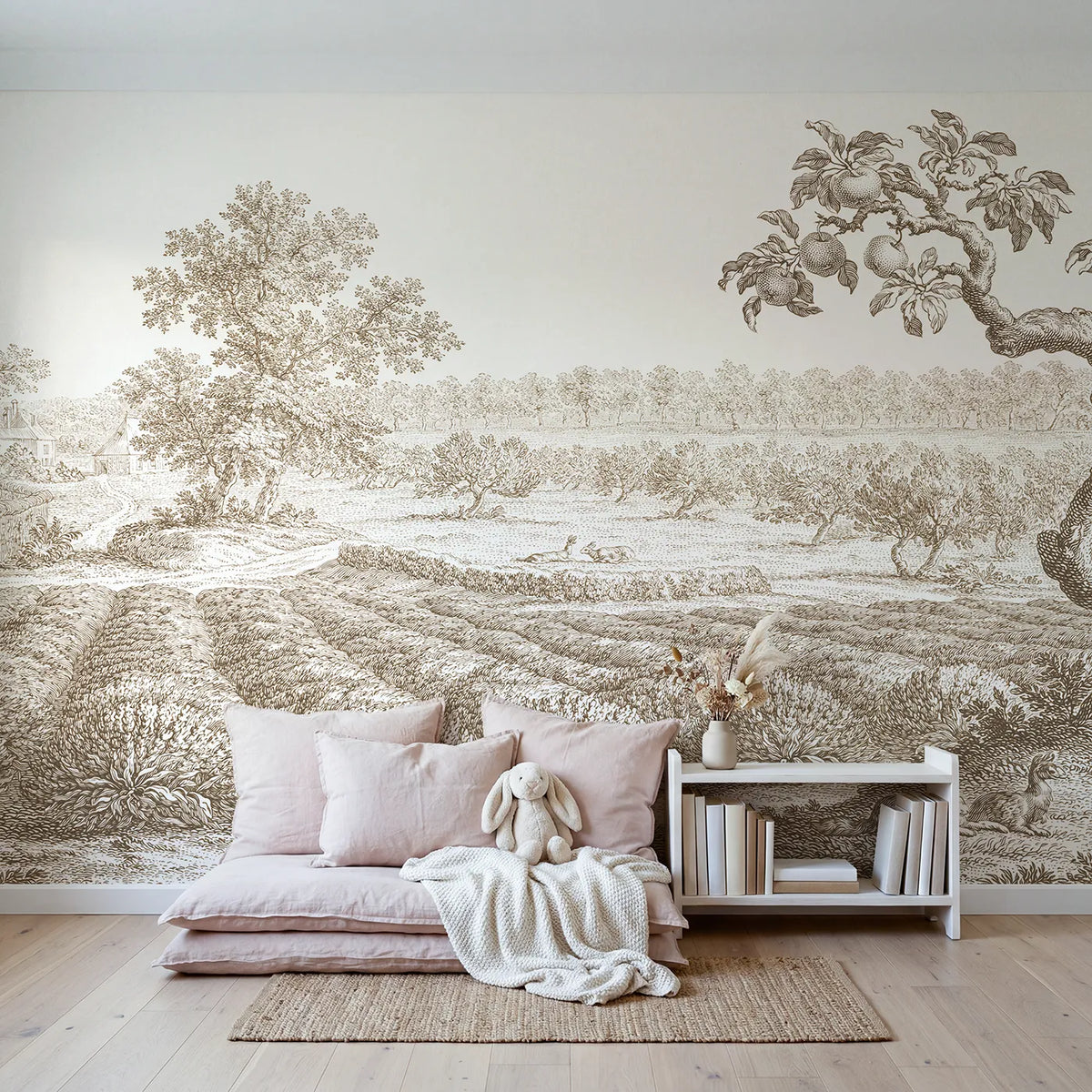 Lavender Row Field Wallpaper Mural in Brown in playroom setting by Whimsy Tots