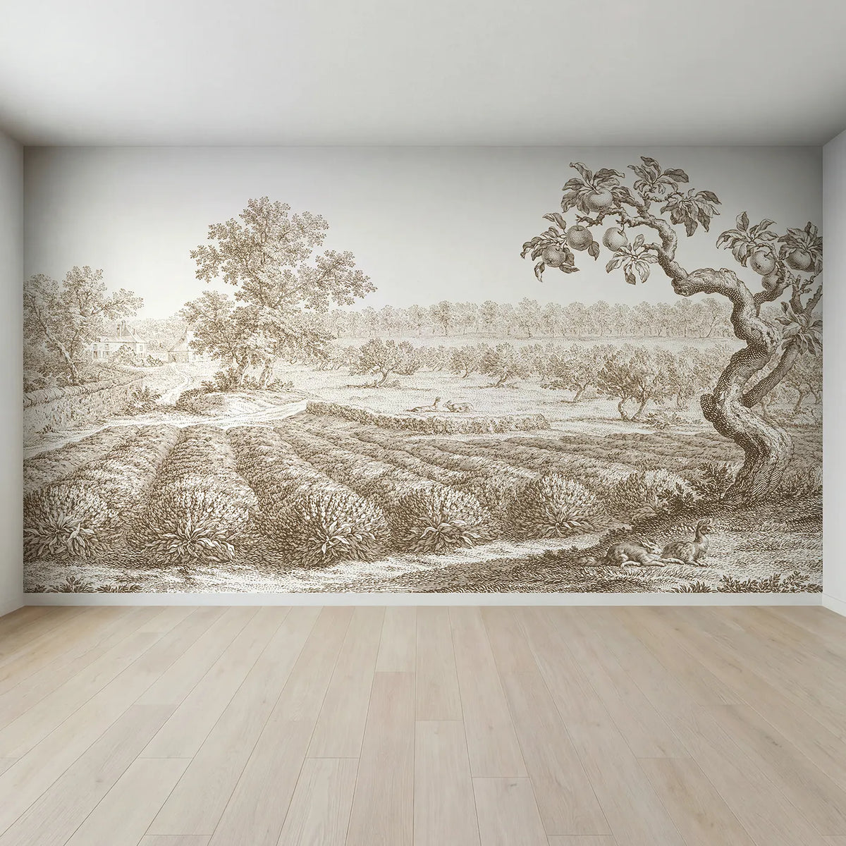 Full view of Lavender Row Field Wallpaper Mural in Brown by Whimsy Tots