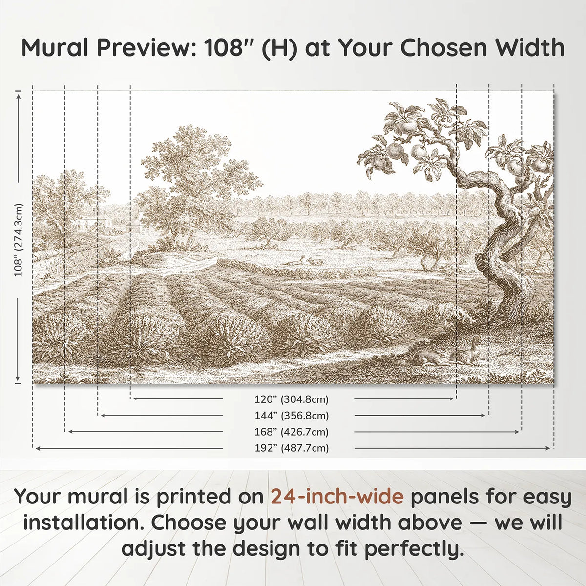 Panel layout and dimensions for Lavender Row Field Wallpaper Mural in Brown by Whimsy Tots