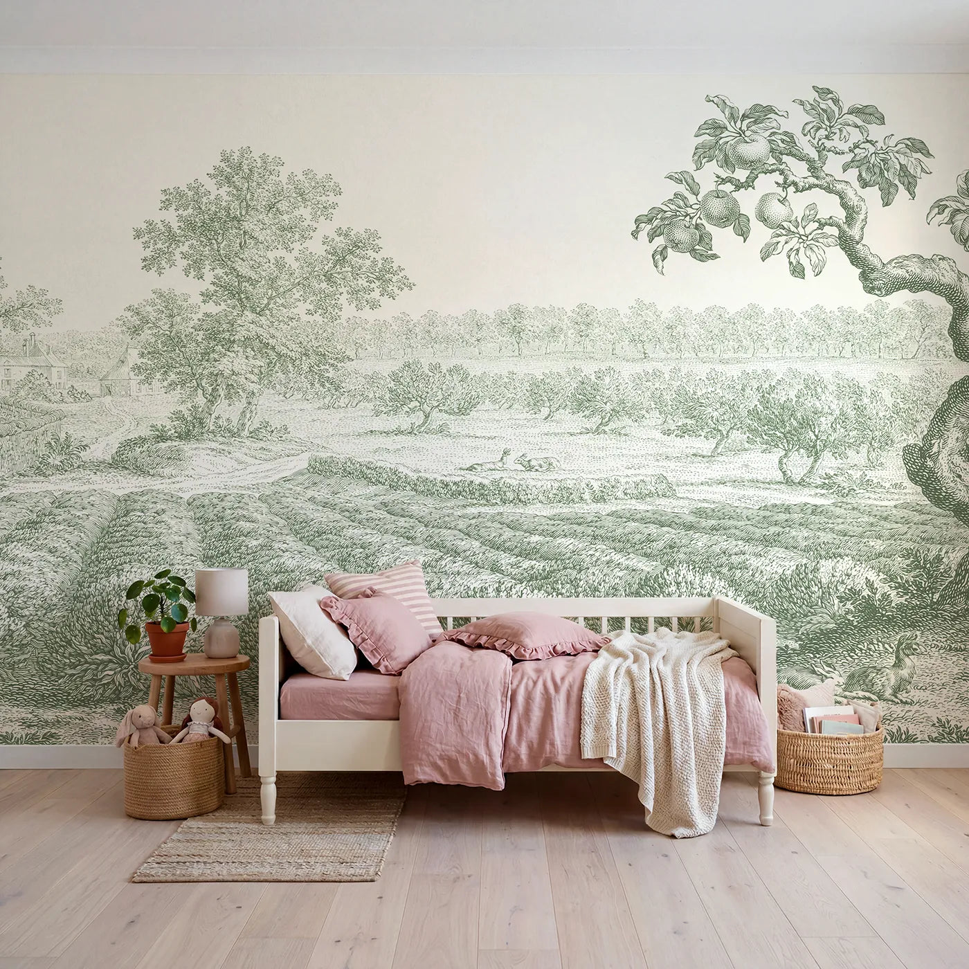 Toile wall mural of lavender field rows in green ink by Whimsy Tots