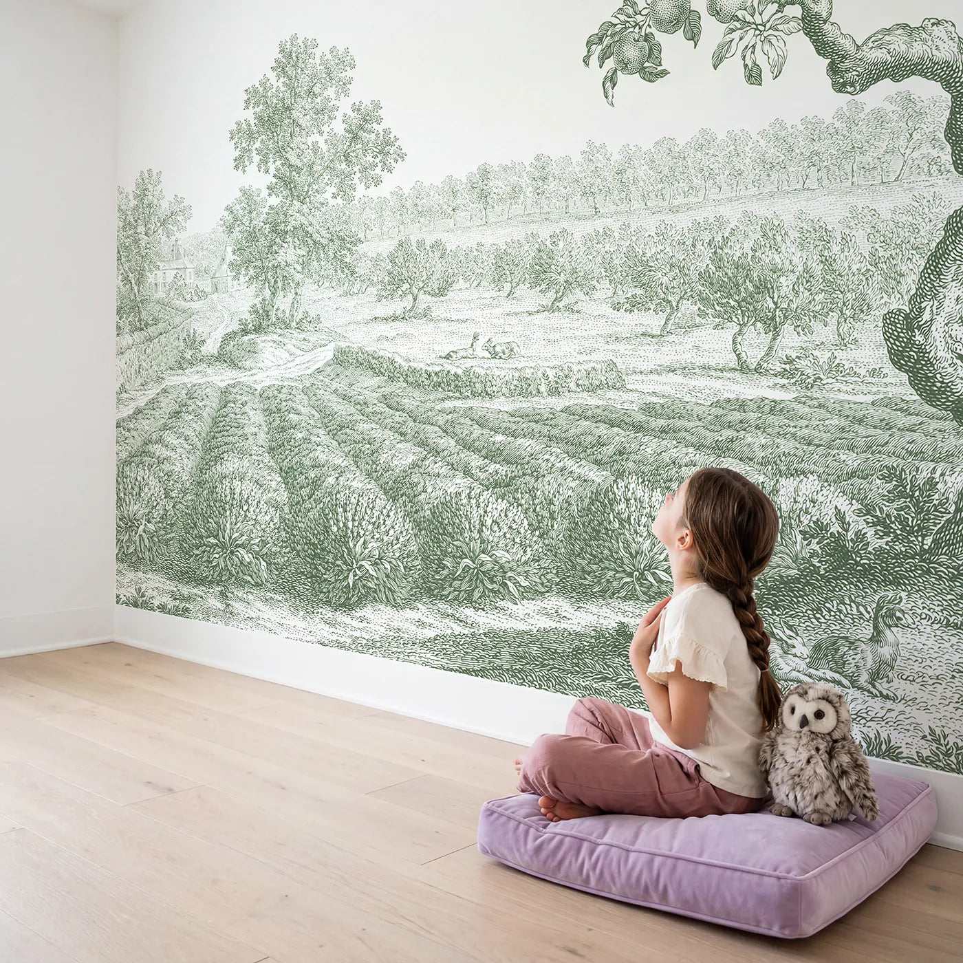 Child in nursery with Lavender Row Field Wallpaper Mural in Green by Whimsy Tots