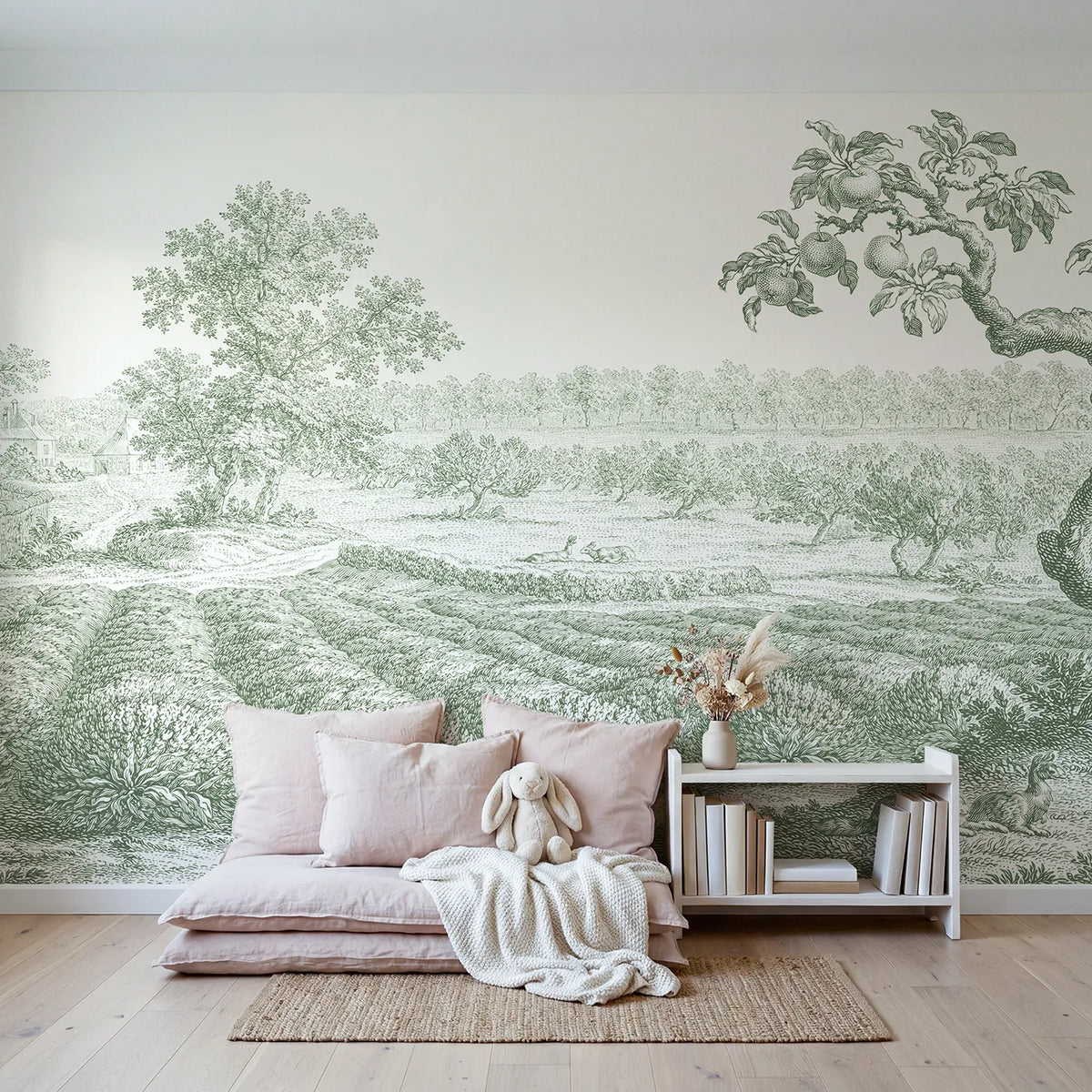 Lavender Row Field Wallpaper Mural in Green in playroom setting by Whimsy Tots