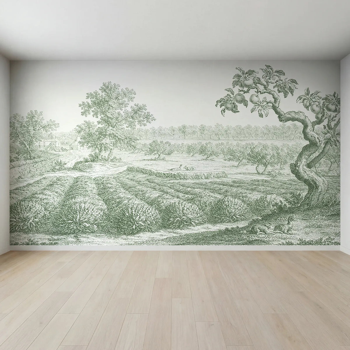 Full view of Lavender Row Field Wallpaper Mural in Green by Whimsy Tots