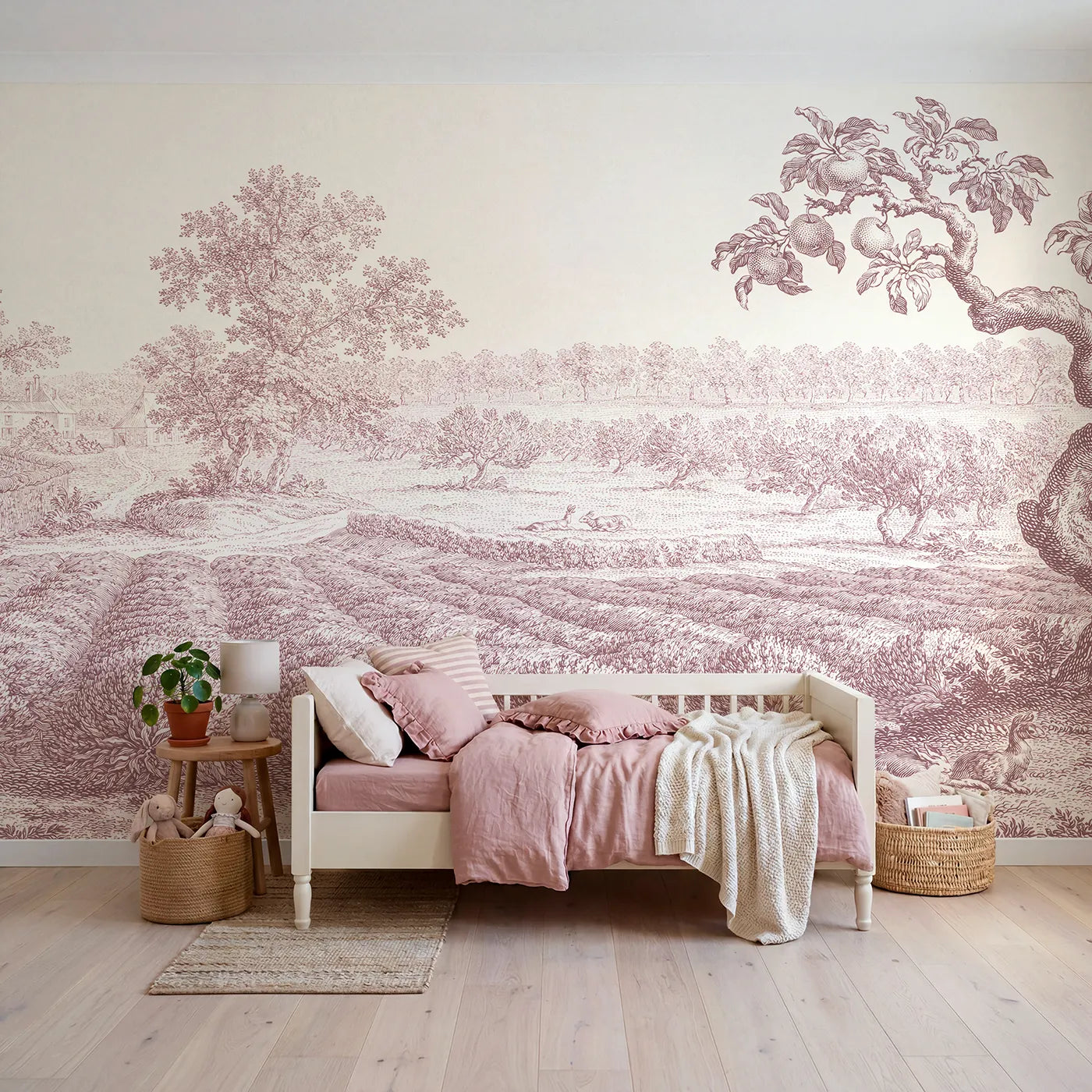 Toile wall mural of lavender field rows in pink ink by Whimsy Tots