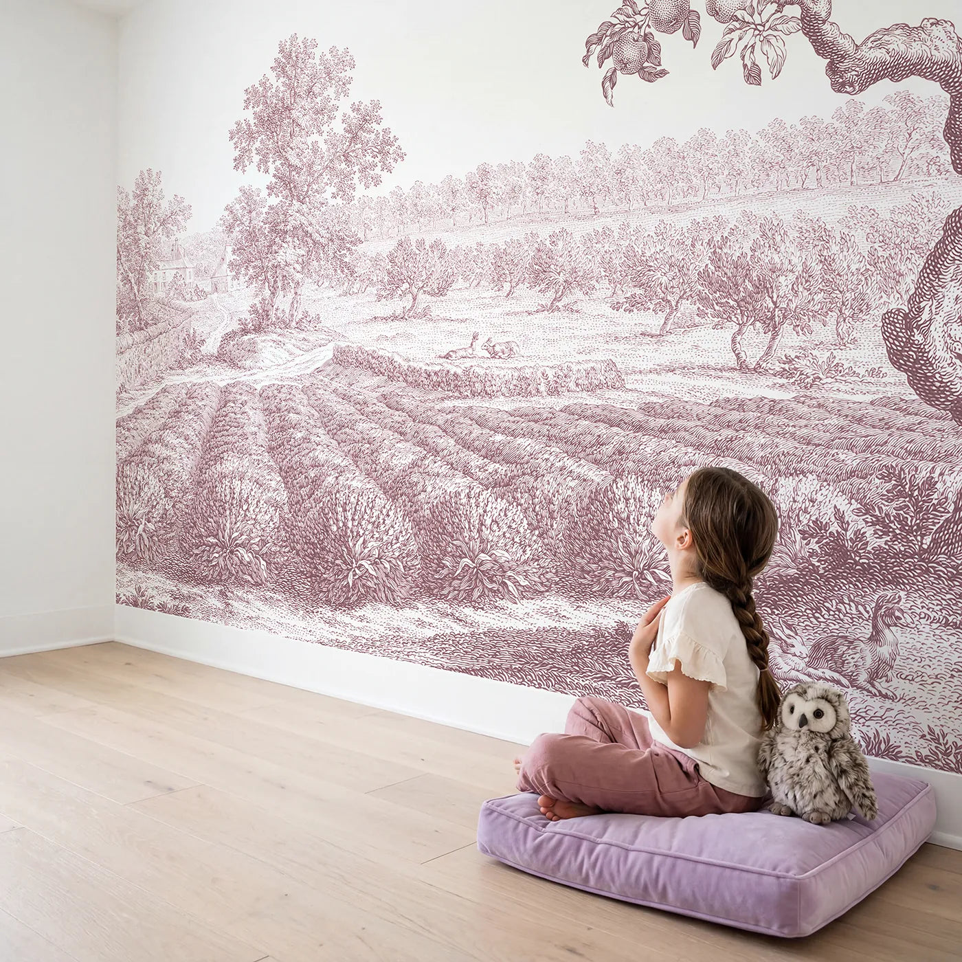 Child in nursery with Lavender Row Field Wallpaper Mural in Pink by Whimsy Tots