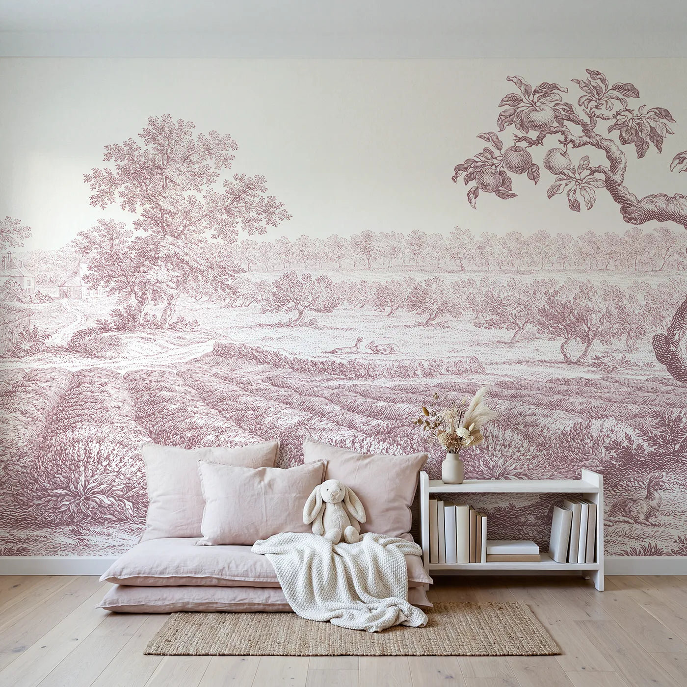 Lavender Row Field Wallpaper Mural in Pink in playroom setting by Whimsy Tots