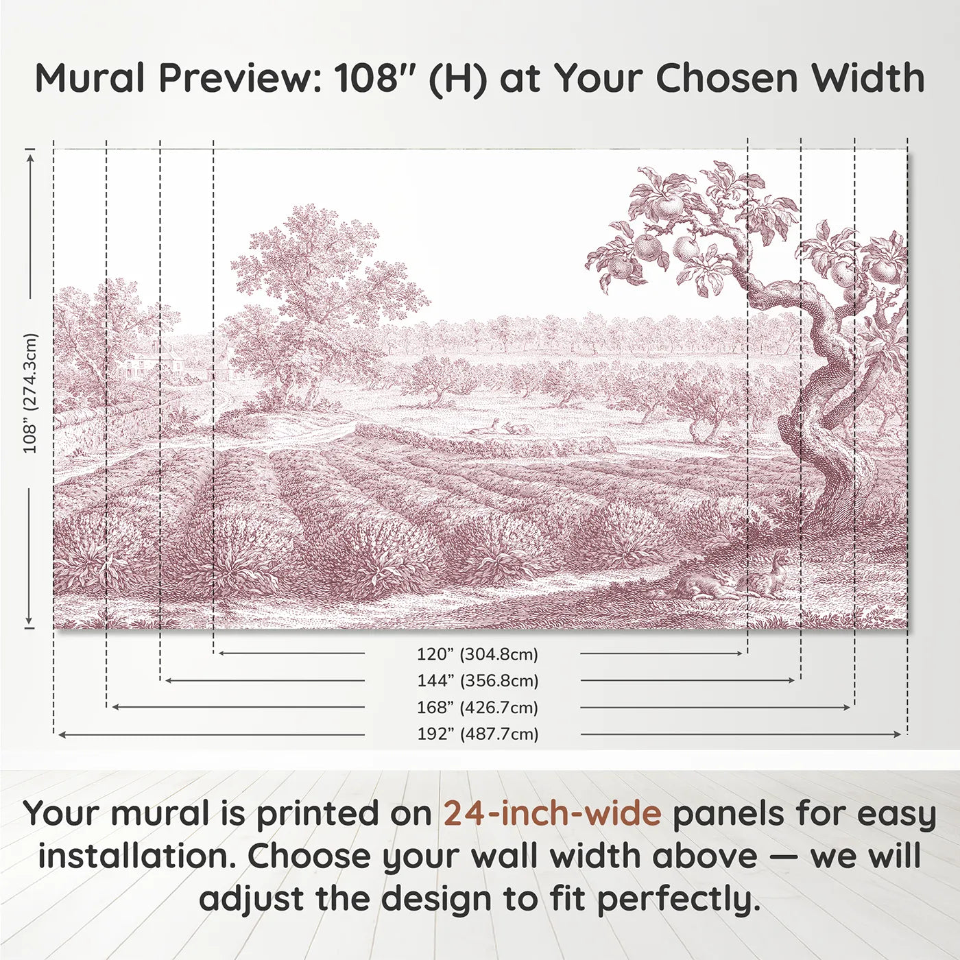 Panel layout and dimensions for Lavender Row Field Wallpaper Mural in Pink by Whimsy Tots
