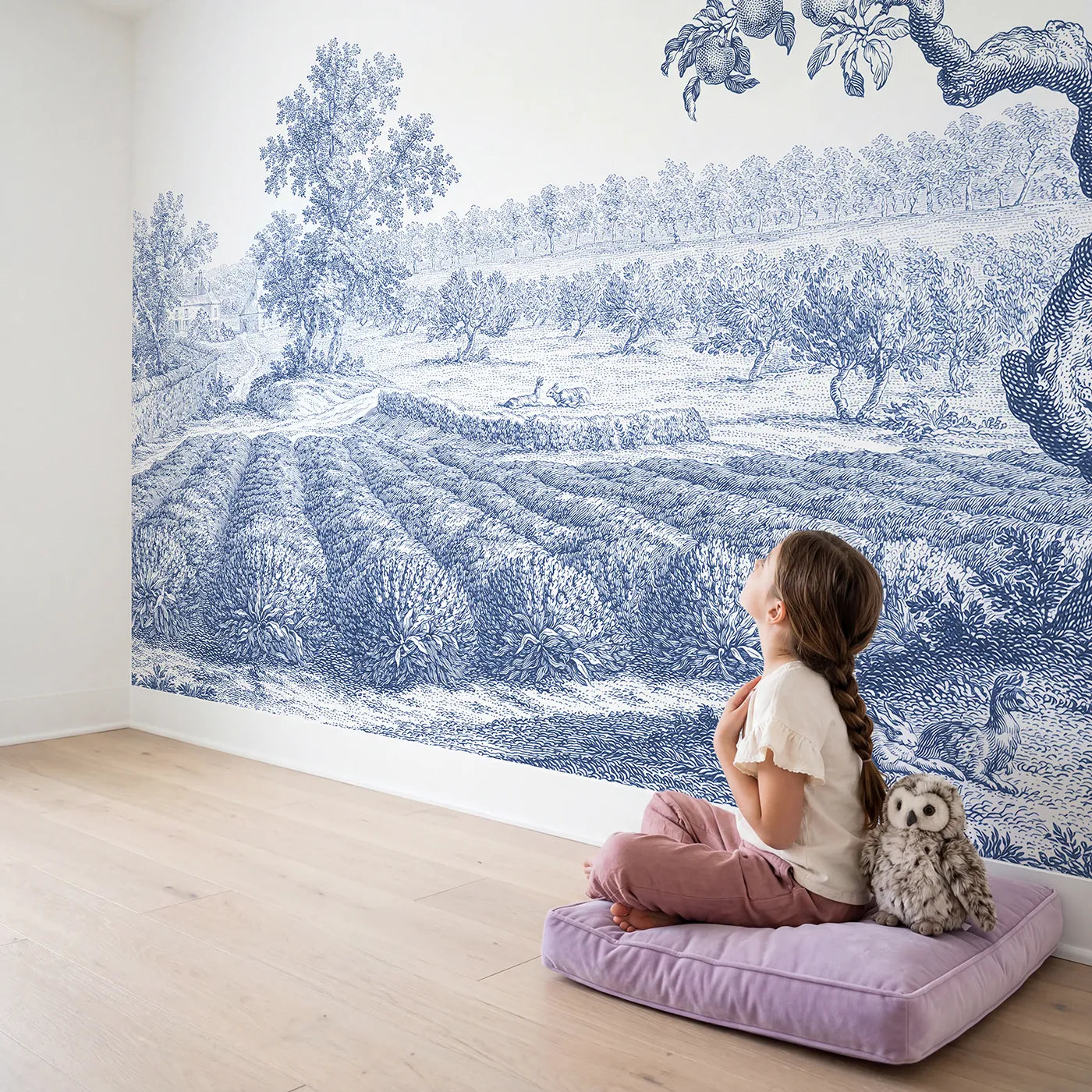 Child in nursery with Lavender Row Field Wallpaper Mural by Whimsy Tots