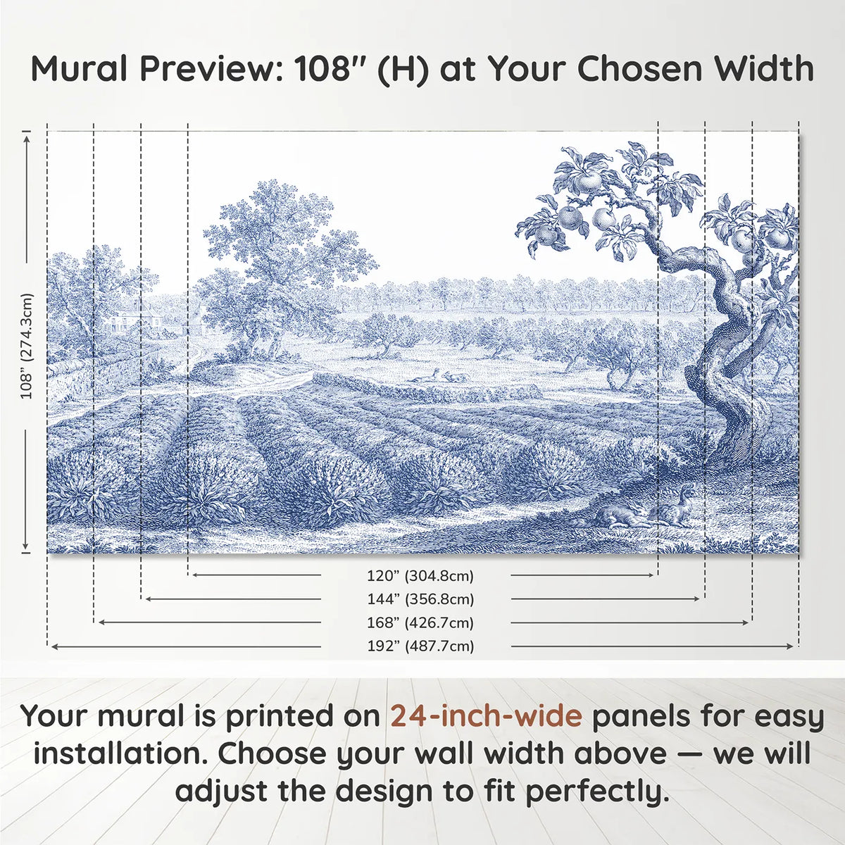 Panel layout and dimensions for Lavender Row Field Wallpaper Mural by Whimsy Tots