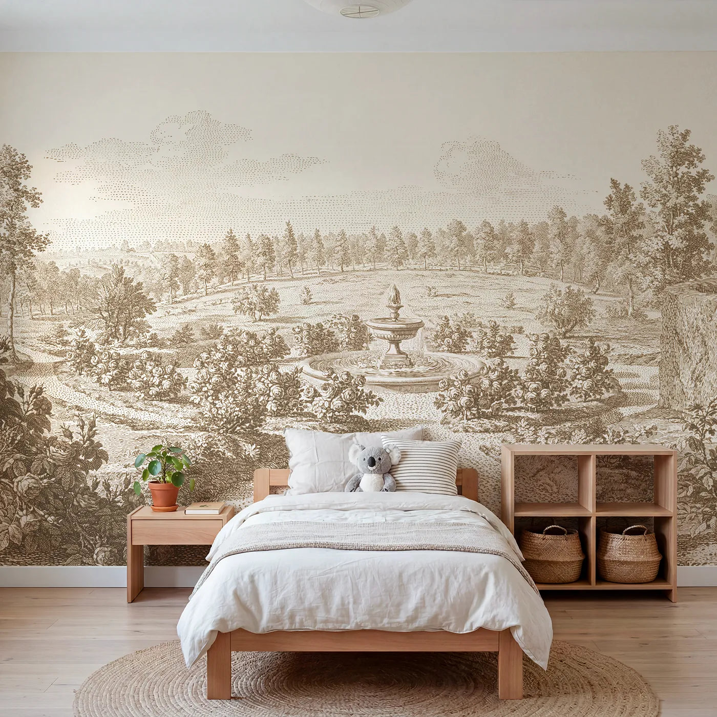 Toile wall mural of a fountain ringed with roses in brown ink by Whimsy Tots