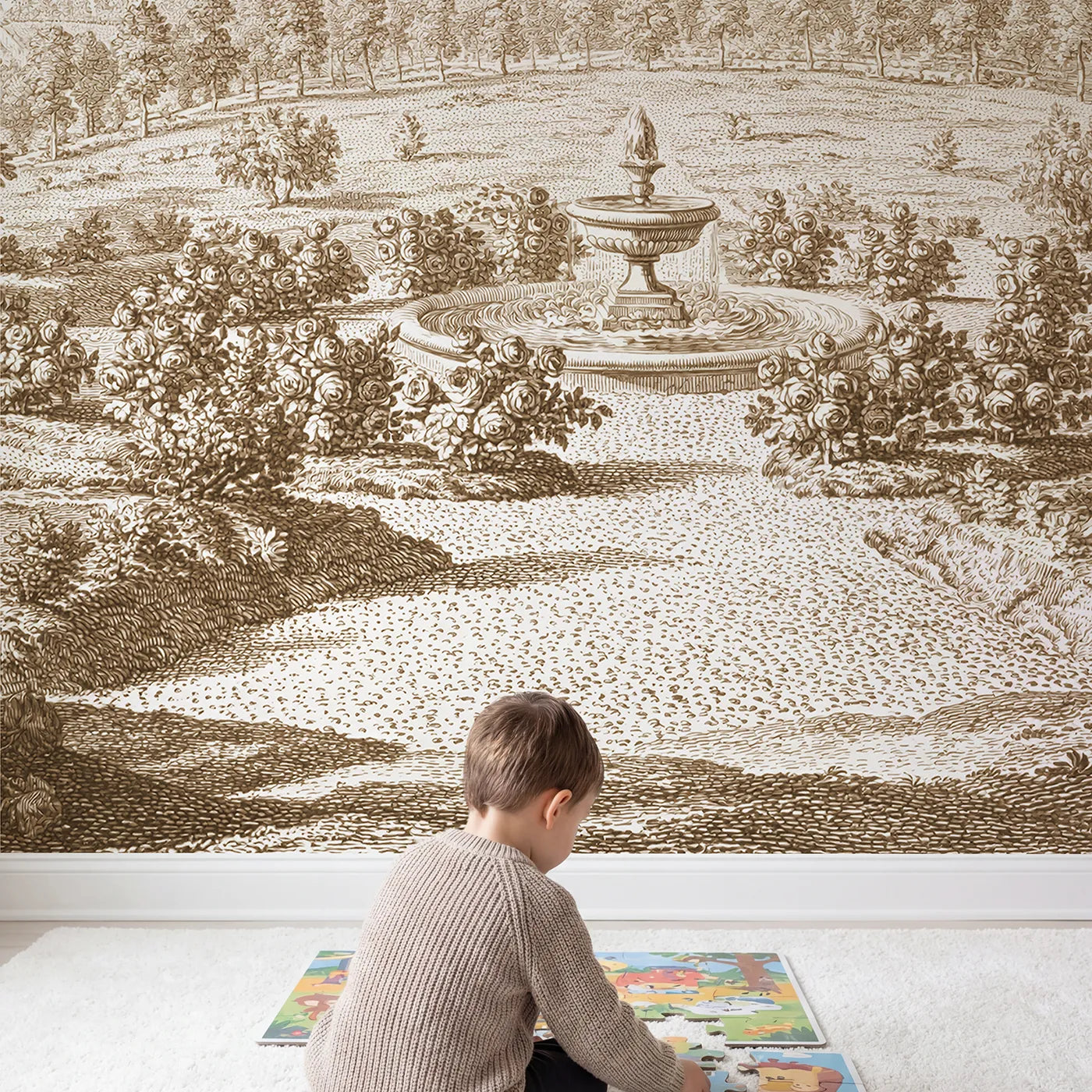 Child in nursery with Garden Fountain Roses Wallpaper Mural in Brown by Whimsy Tots