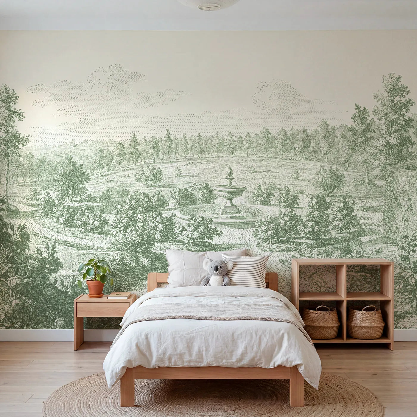 Toile wall mural of a fountain ringed with roses in green ink by Whimsy Tots