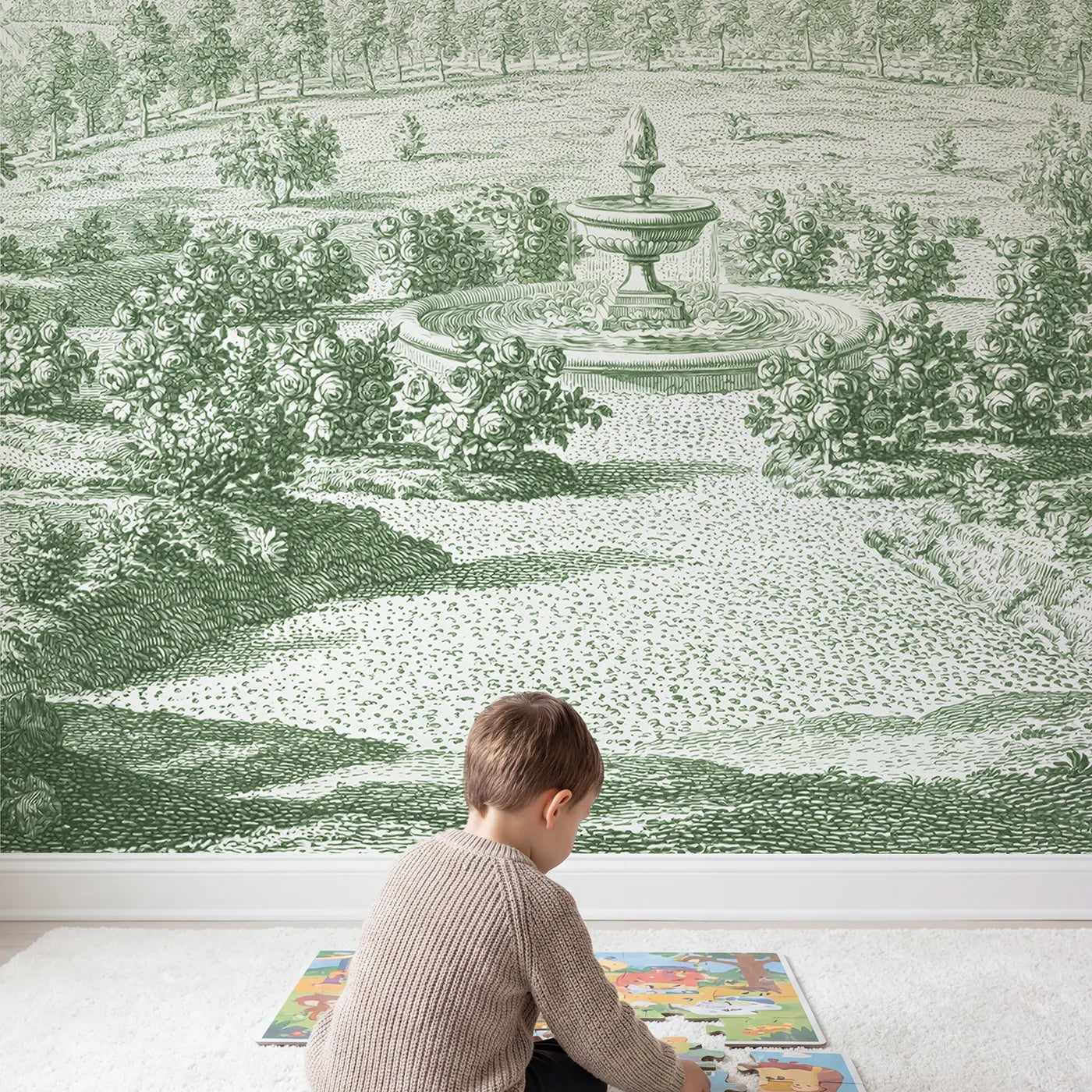 Child in nursery with Garden Fountain Roses Wallpaper Mural in Green by Whimsy Tots