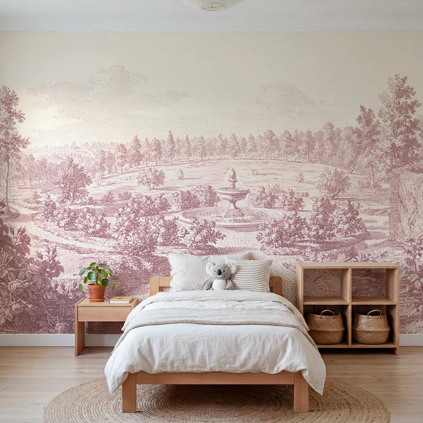 Toile wall mural of a fountain ringed with roses in pink ink by Whimsy Tots