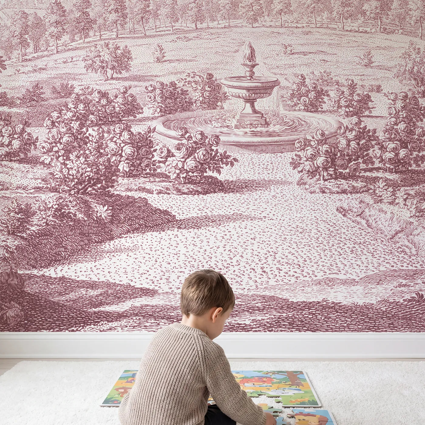 Child in nursery with Garden Fountain Roses Wallpaper Mural in Pink by Whimsy Tots