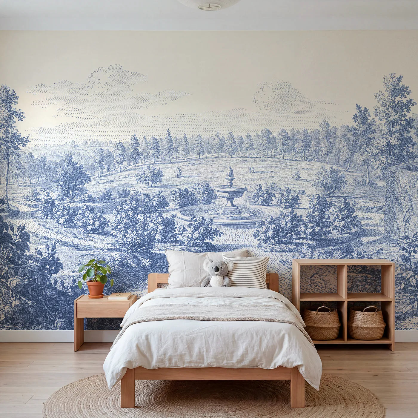 Toile wall mural of a fountain ringed with roses in single ink by Whimsy Tots