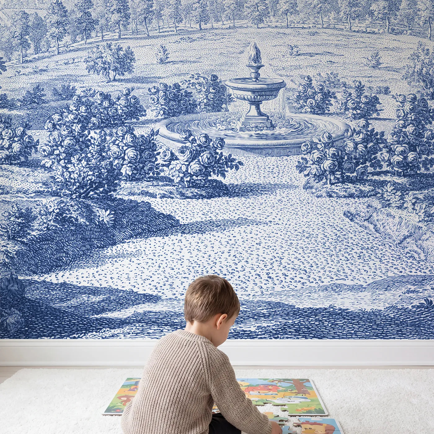 Child in nursery with Garden Fountain Roses Wallpaper Mural by Whimsy Tots