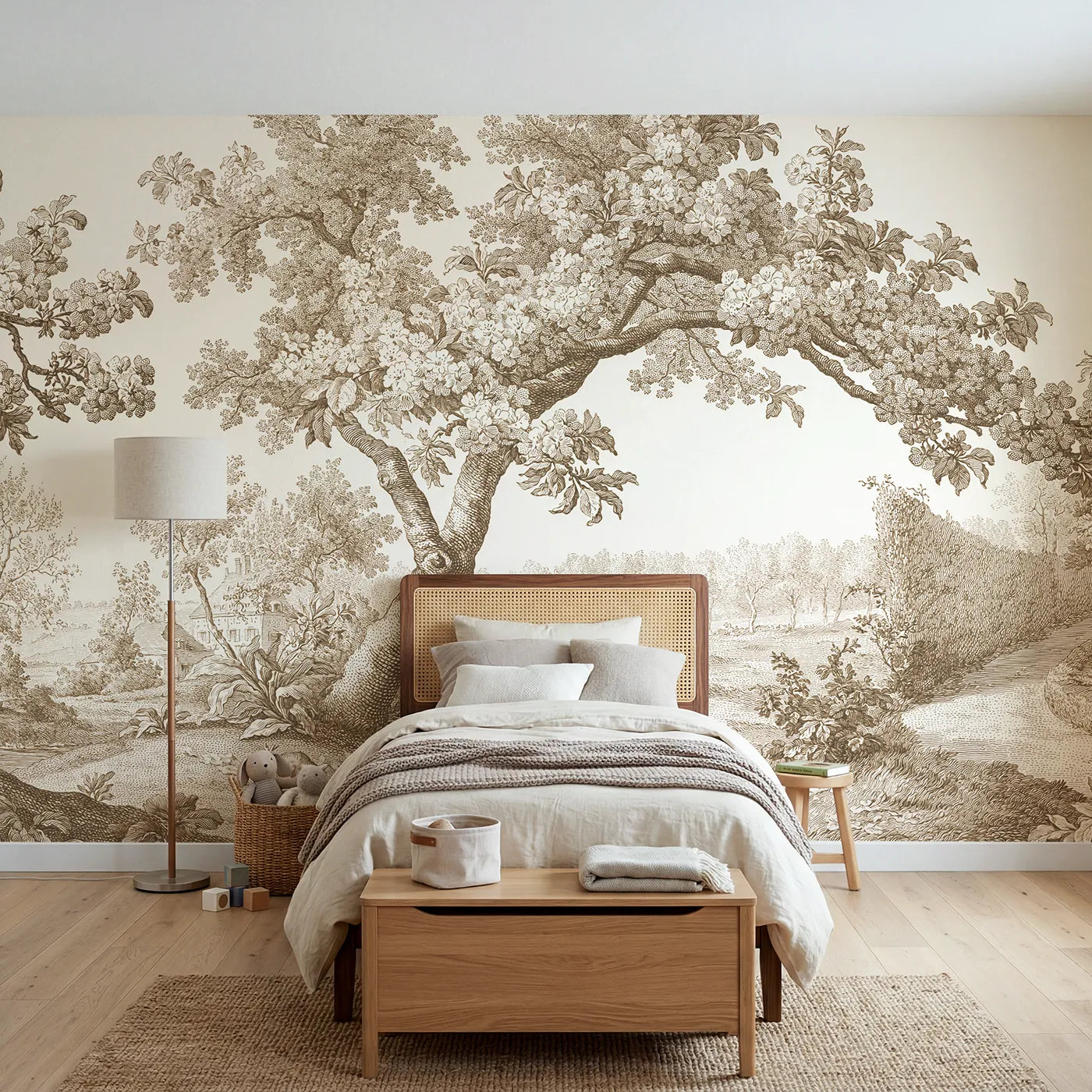 Toile wall mural of a cherry blossom spray in brown ink by Whimsy Tots