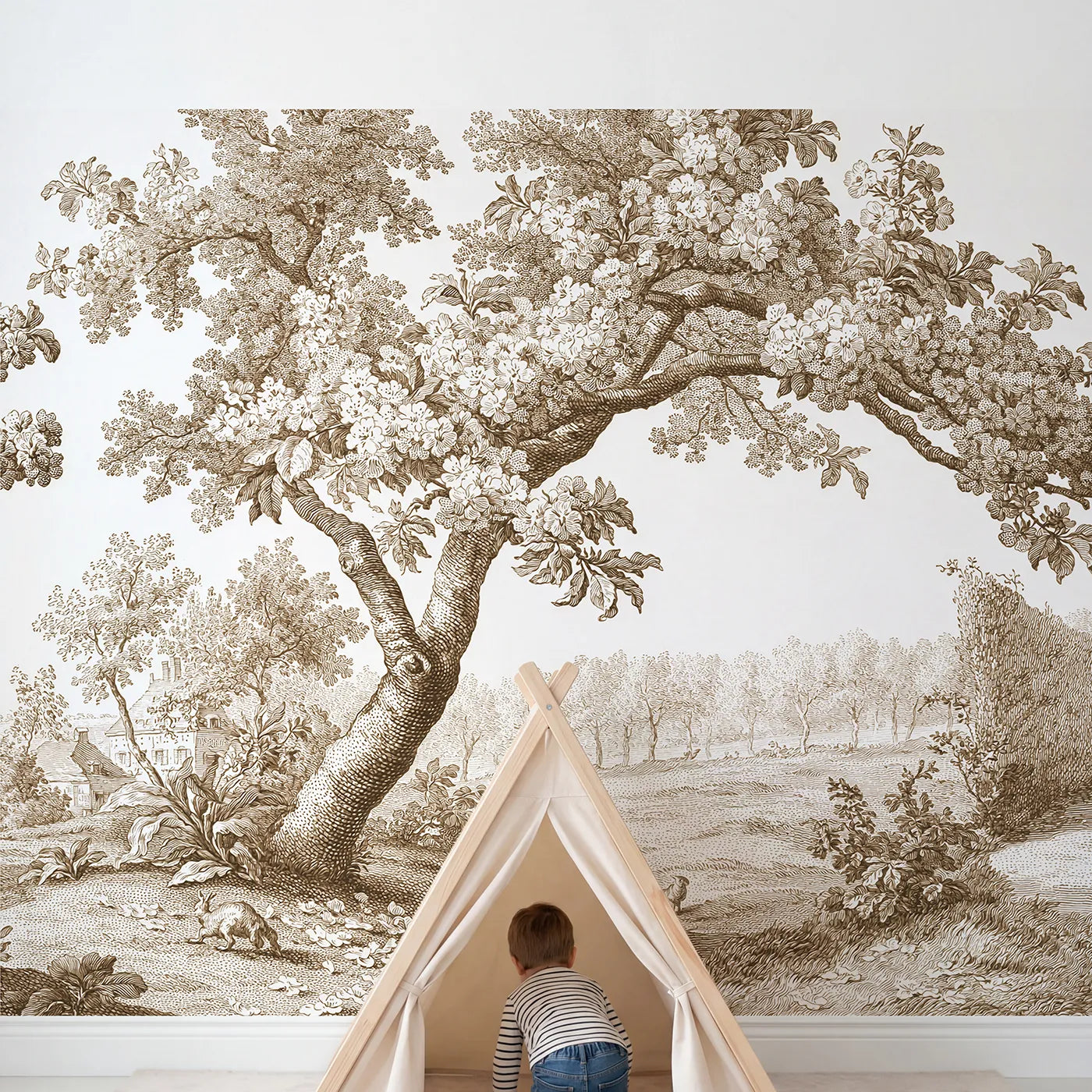 Child in nursery with Cherry Blossom Spray Wallpaper Mural in Brown by Whimsy Tots