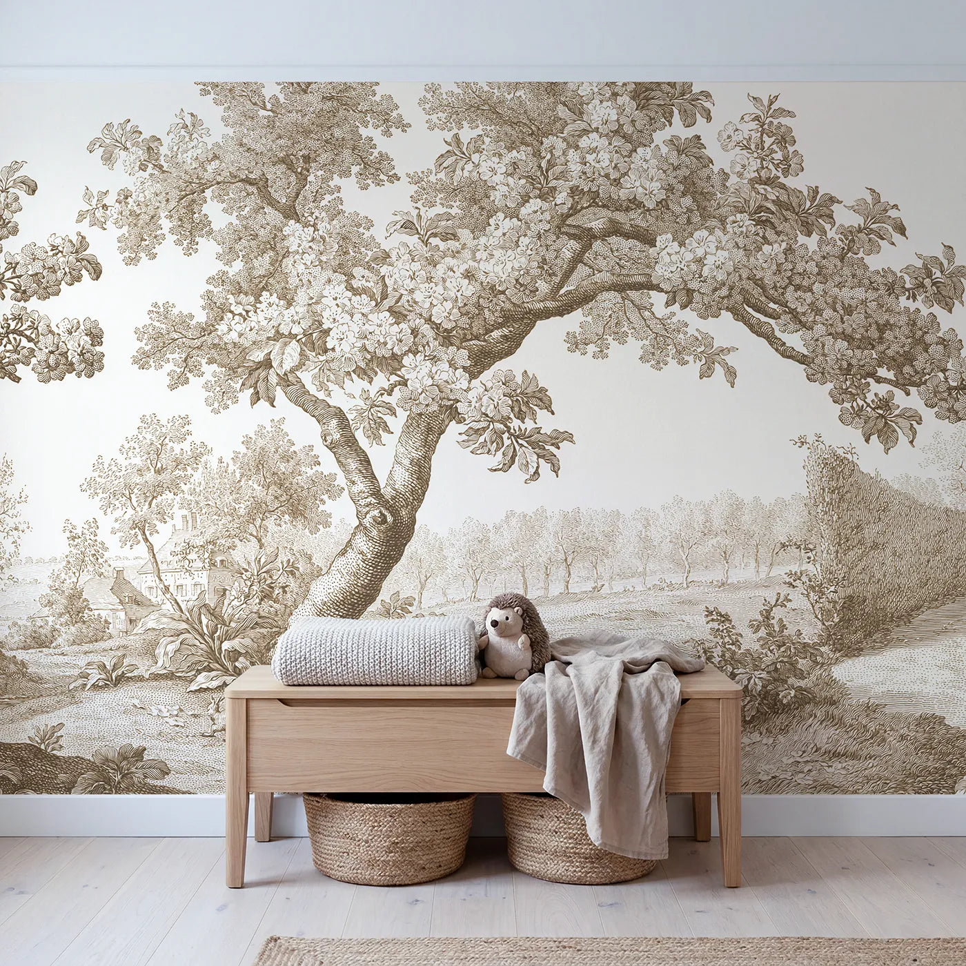 Cherry Blossom Spray Wallpaper Mural in Brown in playroom setting by Whimsy Tots