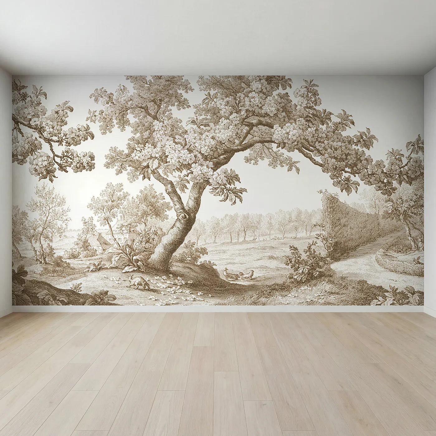 Full view of Cherry Blossom Spray Wallpaper Mural in Brown by Whimsy Tots