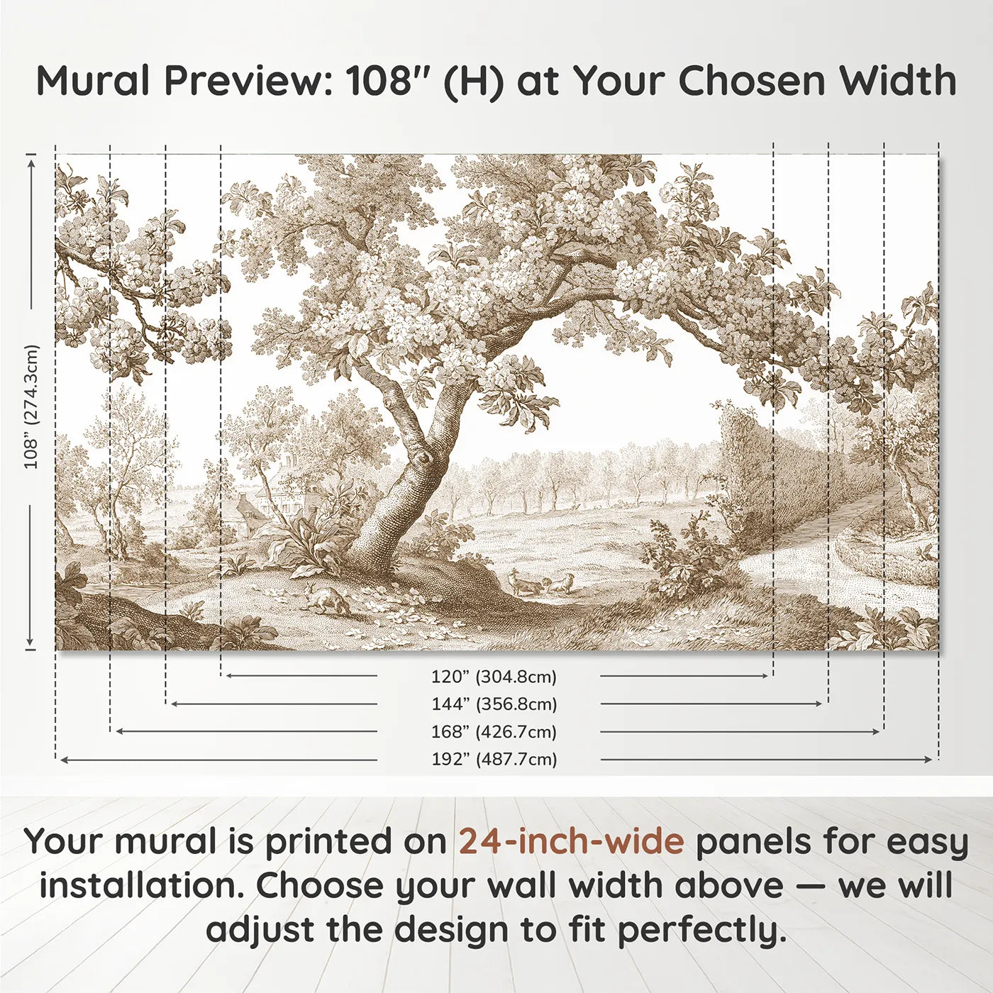 Panel layout and dimensions for Cherry Blossom Spray Wallpaper Mural in Brown by Whimsy Tots