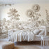 Toile wall mural of sunflowers at a garden edge in brown ink by Whimsy Tots