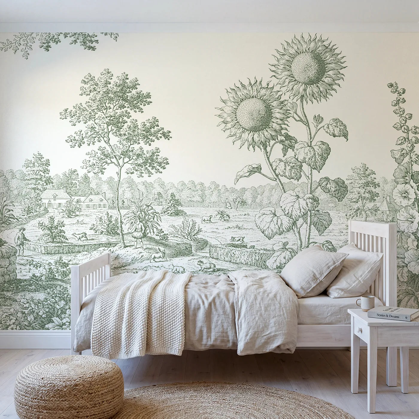 Toile wall mural of sunflowers at a garden edge in green ink by Whimsy Tots