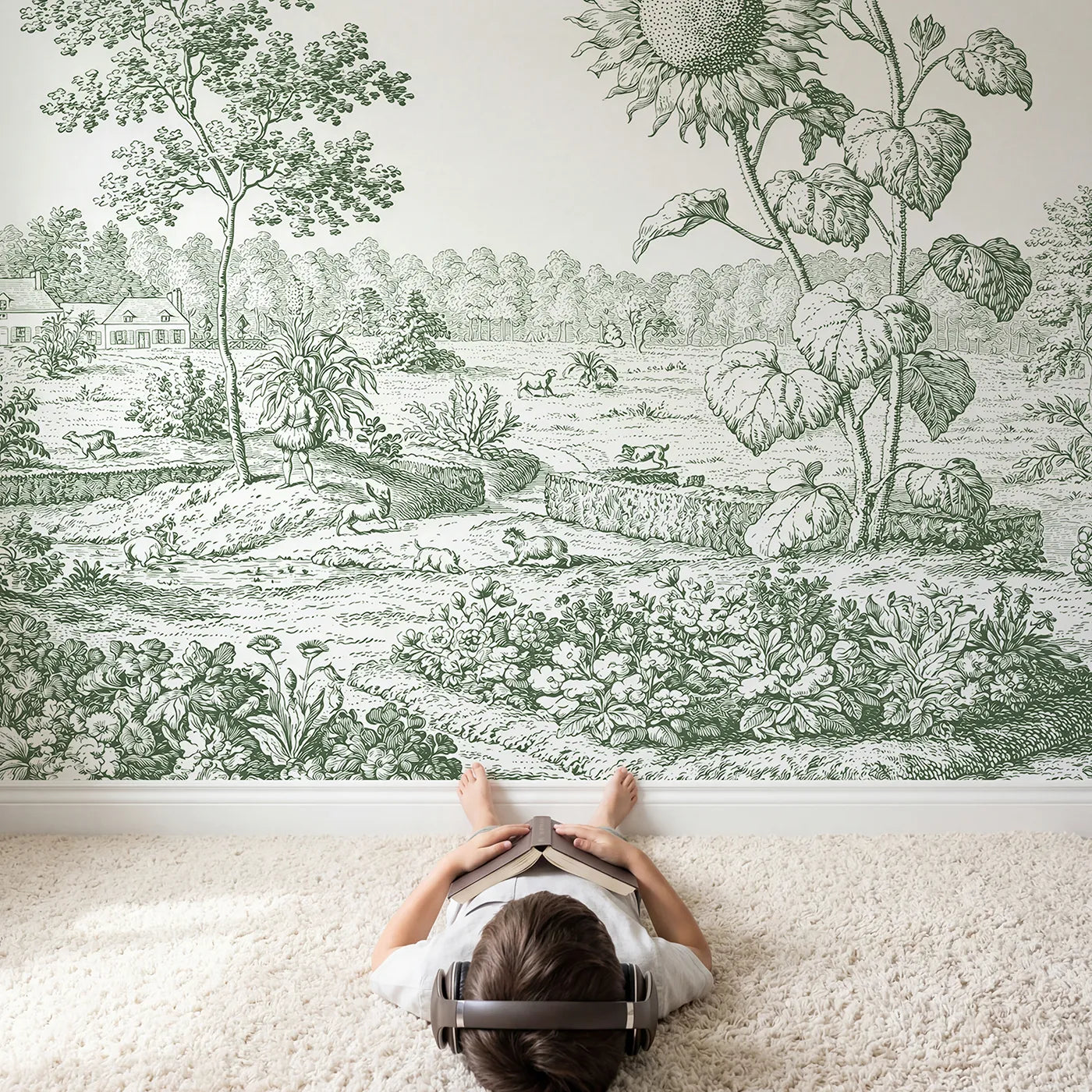 Child in nursery with Sunflower Garden Edge Wallpaper Mural in Green by Whimsy Tots