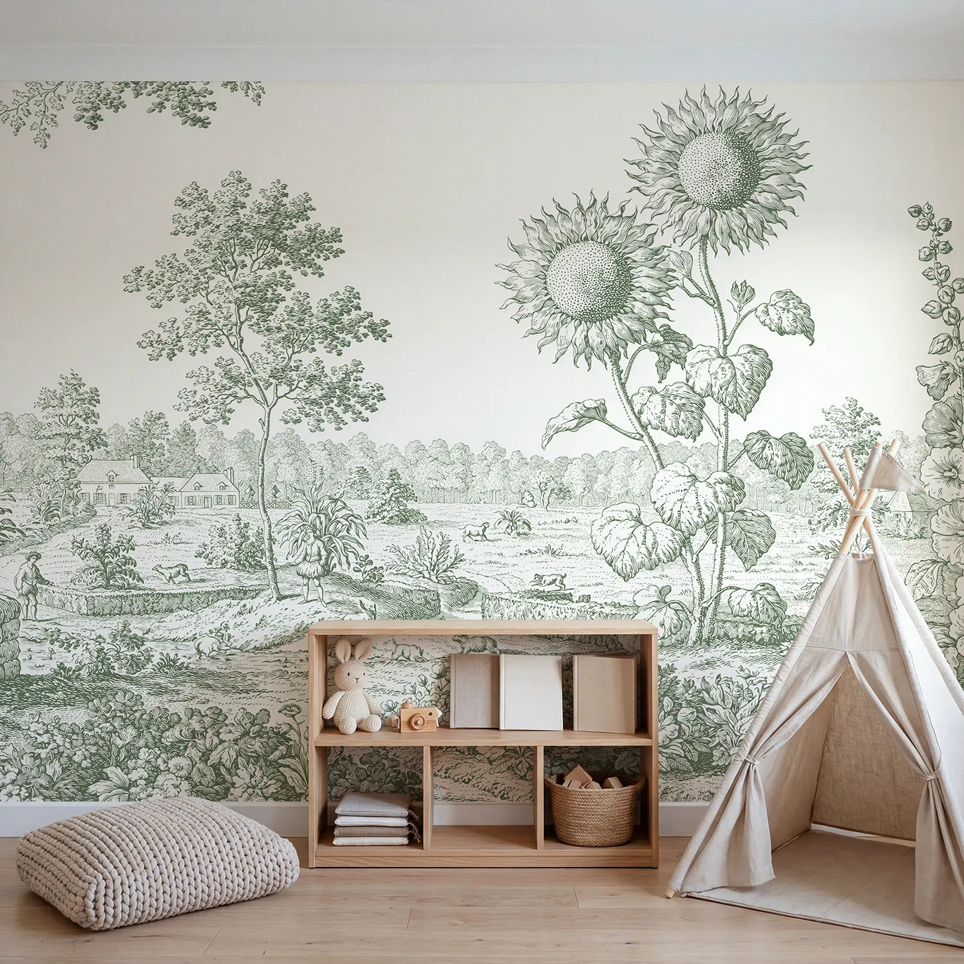 Sunflower Garden Edge Wallpaper Mural in Green in playroom setting by Whimsy Tots