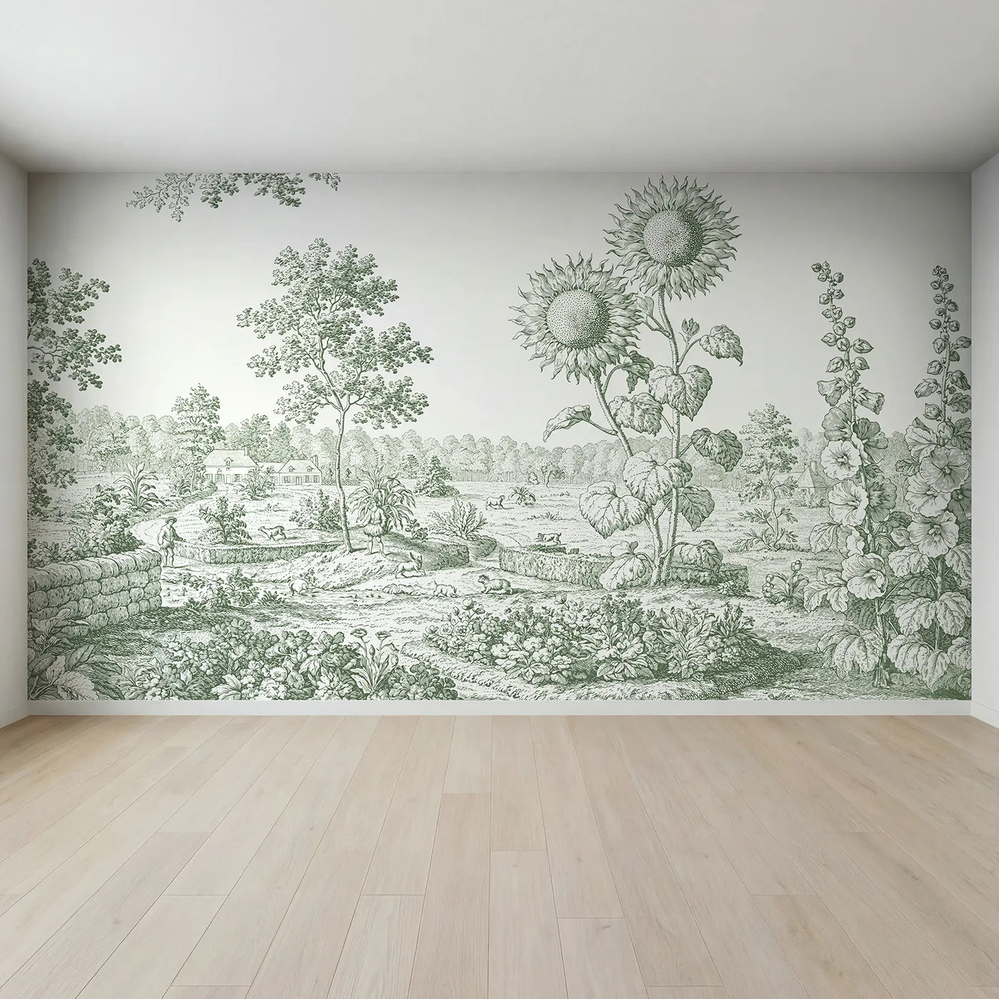 Full view of Sunflower Garden Edge Wallpaper Mural in Green by Whimsy Tots