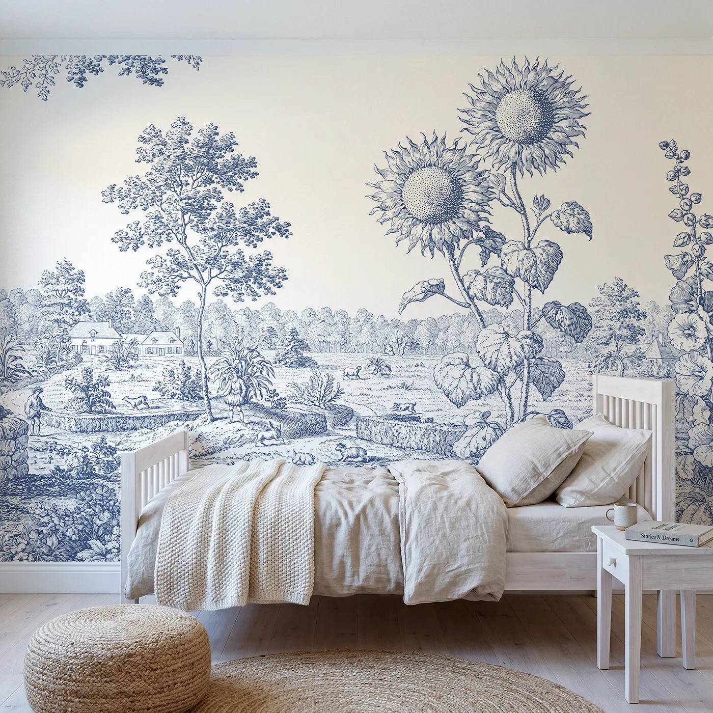 Toile wall mural of sunflowers at a garden edge in single ink by Whimsy Tots