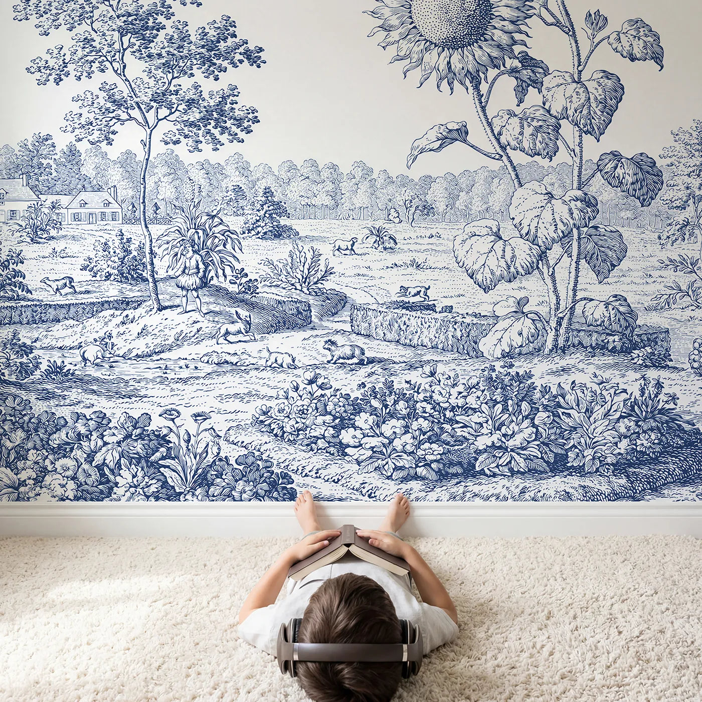Child in nursery with Sunflower Garden Edge Wallpaper Mural by Whimsy Tots