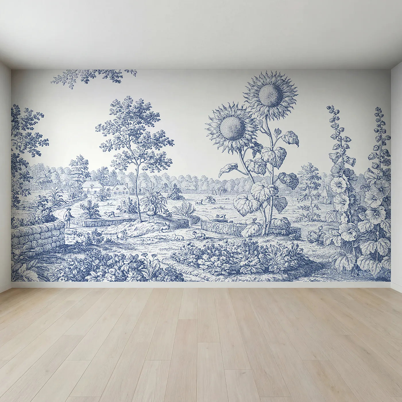 Full view of Sunflower Garden Edge Wallpaper Mural by Whimsy Tots